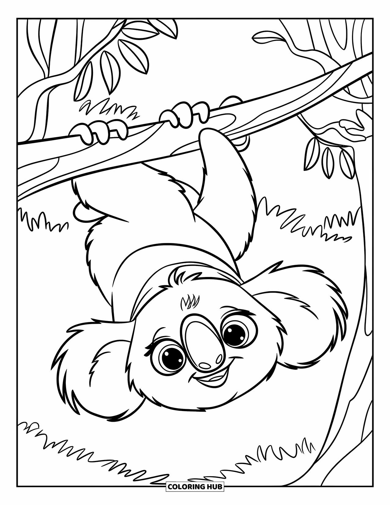 Kolorowanka z koalą dla dzieci: Koala w czerwonej koszulce żartobliwie zwisa z gałęzi, z szeroko otwartymi oczami z ciekawości