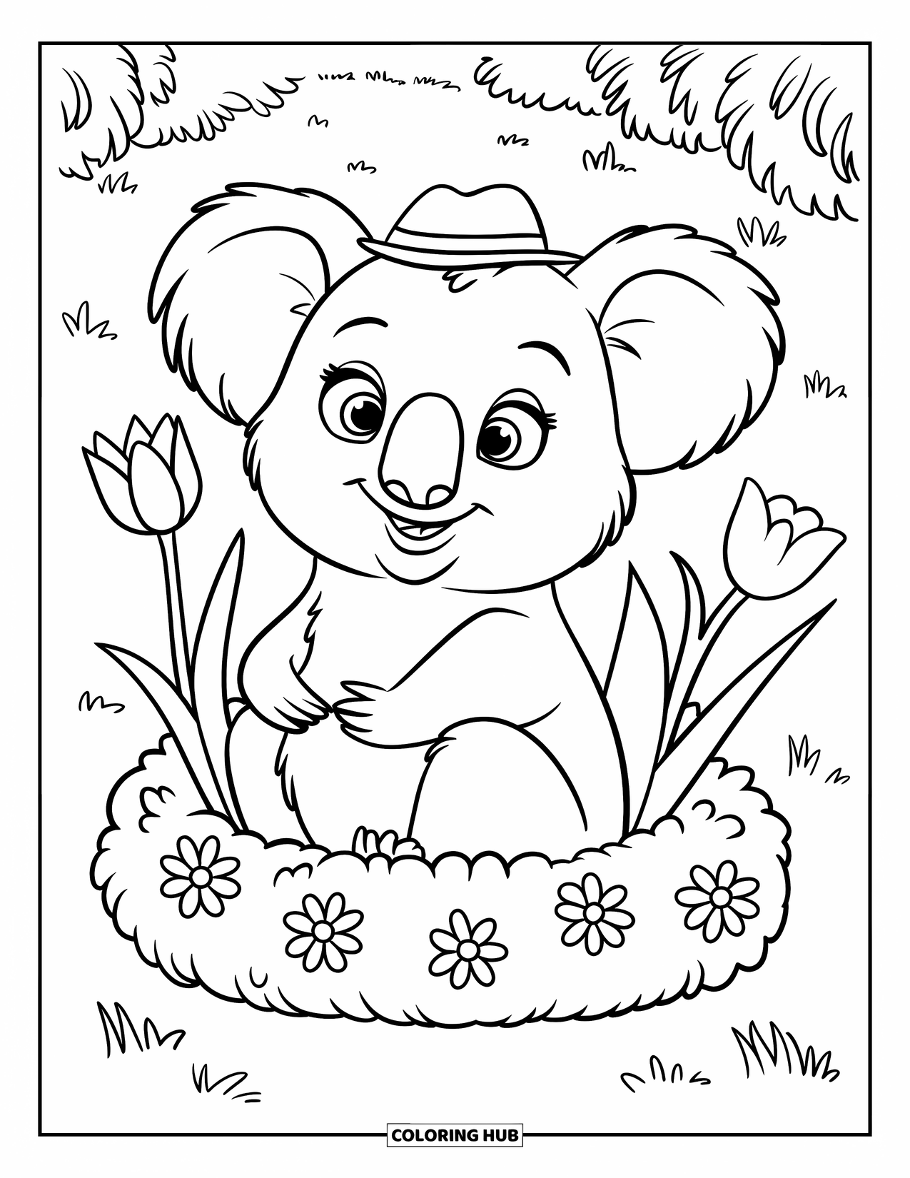 Kolorowanka z koalą dla dzieci: Koala w małym kapeluszu siedzi szczęśliwie w krzaku, otoczona kolorowymi kwiatami