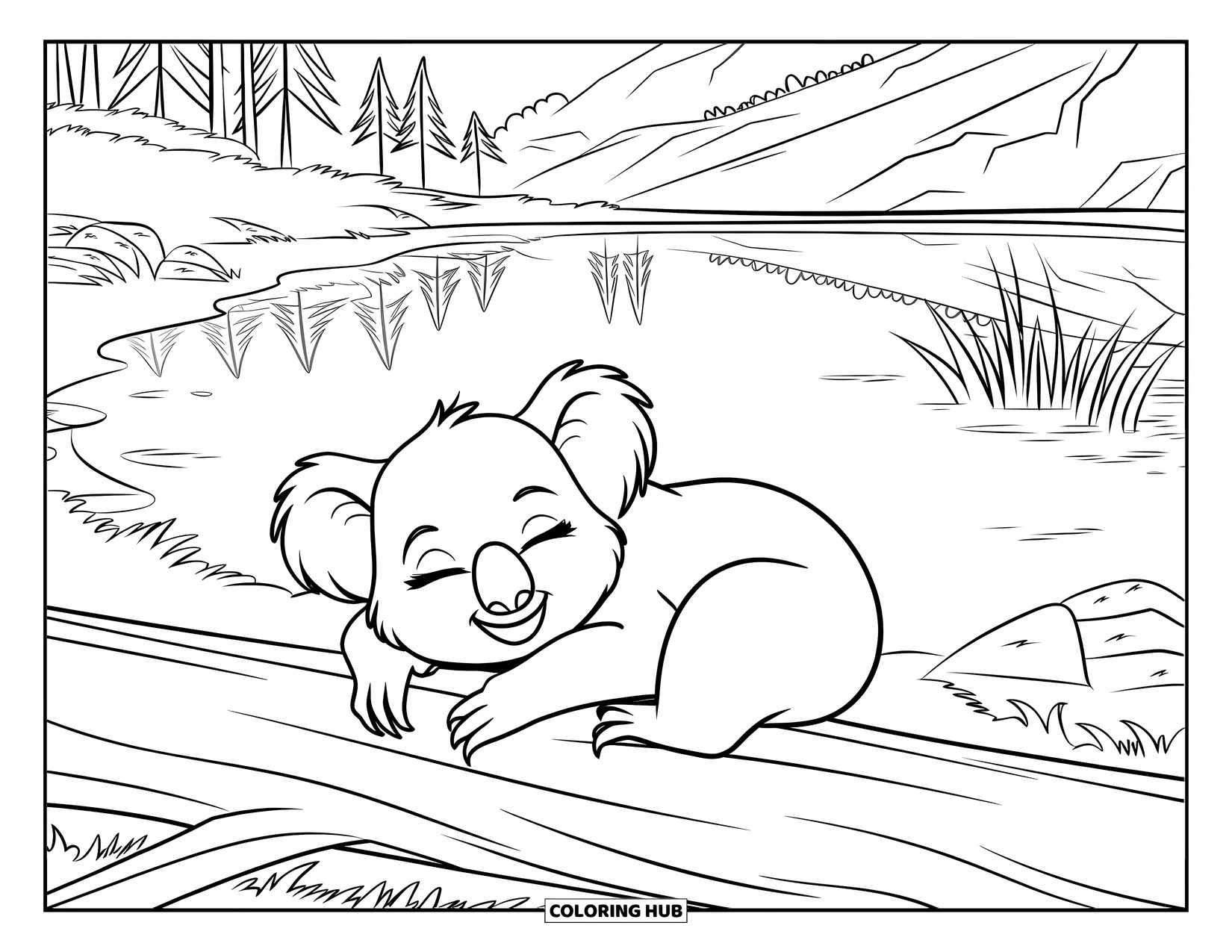 Kolorowanka z koalą dla dzieci: Koala ucina sobie drzemkę na powalonej kłodzie w pobliżu krystalicznie czystego jeziora, otoczona bujną zielenią
