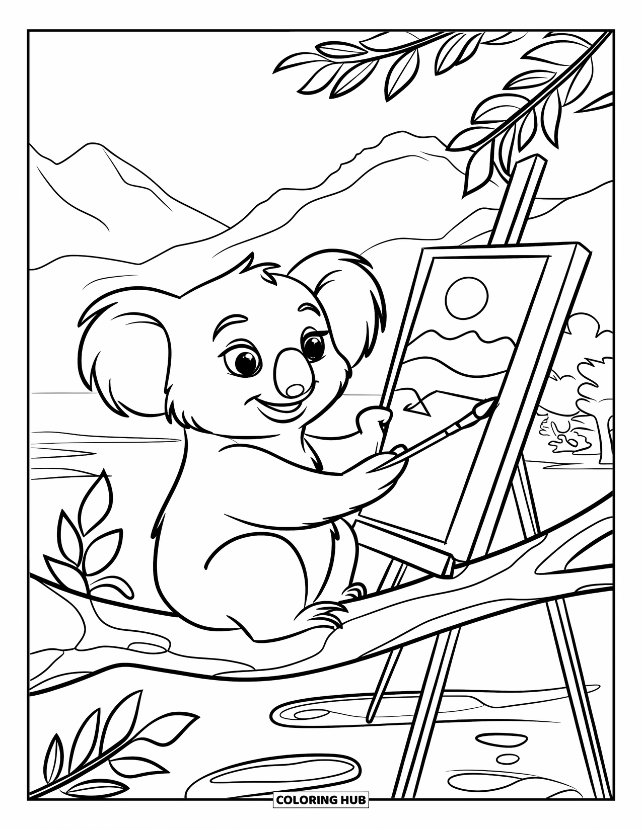 Kolorowanka z koalą dla dzieci: Koala maluje na płótnie, siedząc na drzewie, z górami w oddali