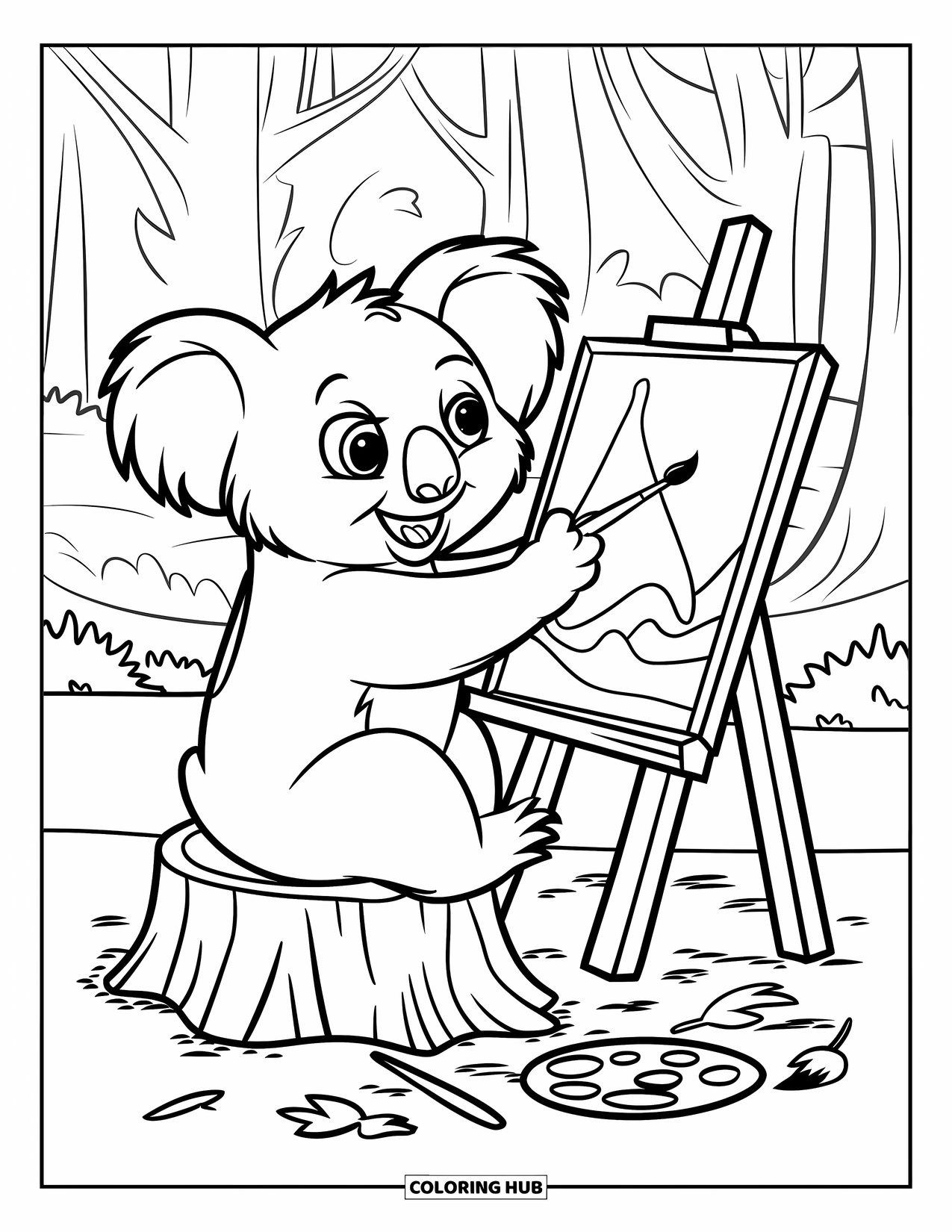 Kolorowanka z koalą dla dzieci: Koala maluje na płótnie, siedząc na pniu drzewa, otoczona pędzlami
