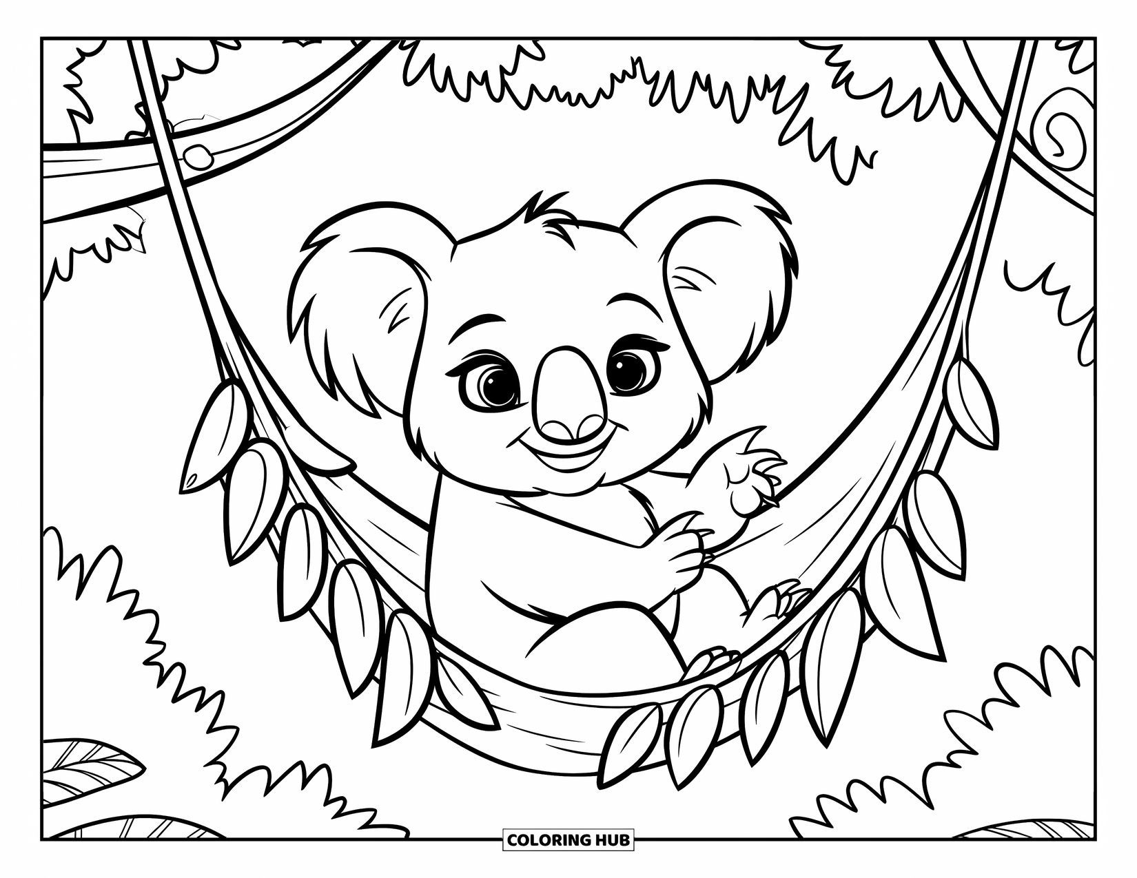 Kolorowanka z koalą dla dzieci: Koala odpoczywa w hamaku z liści, delikatnie kołysząc się w bujnym lesie