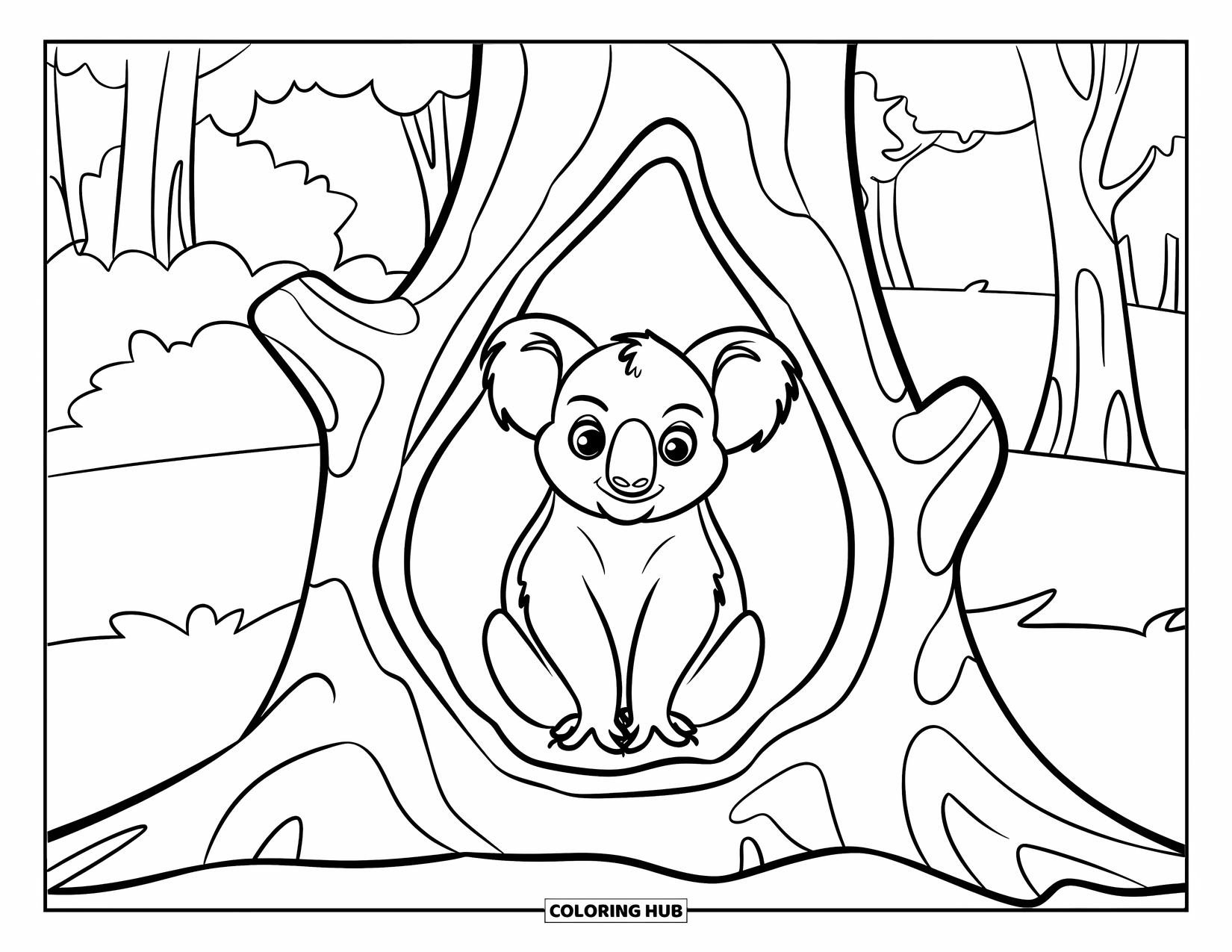 Kolorowanka z koalą dla dzieci: Koala siedzi wewnątrz dużego, wydrążonego drzewa, otoczona gęstym lasem