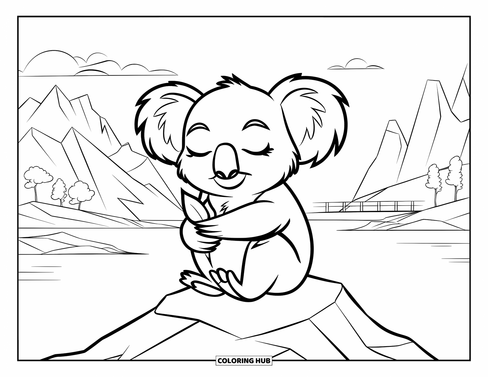 Kolorowanka z koalą dla dzieci: Koala siedzi na skale, trzymając liść, z mostem i drzewami za nią