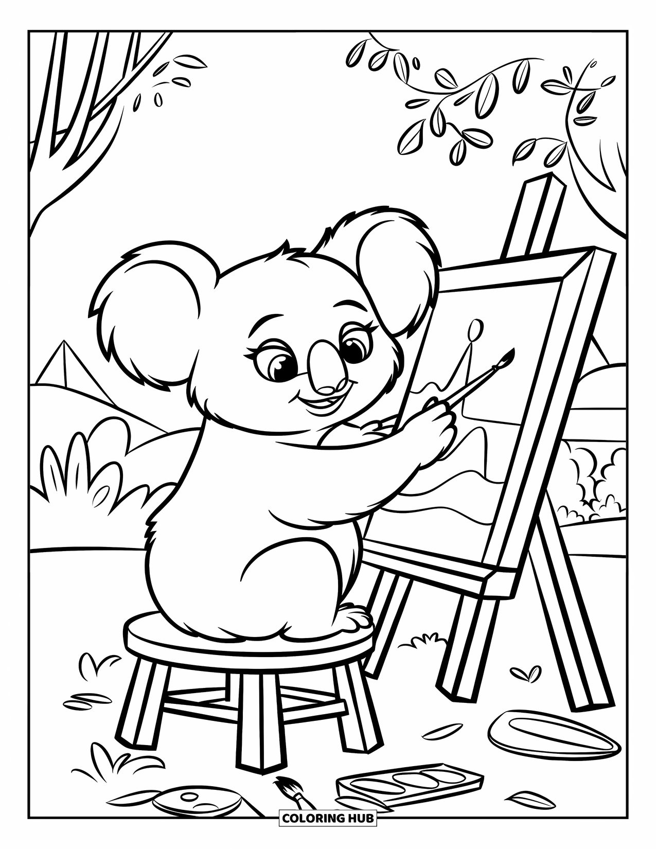 Kolorowanka z koalą dla dzieci: Koala siedzi na drewnianym krześle, malując obraz wśród drzew i gór