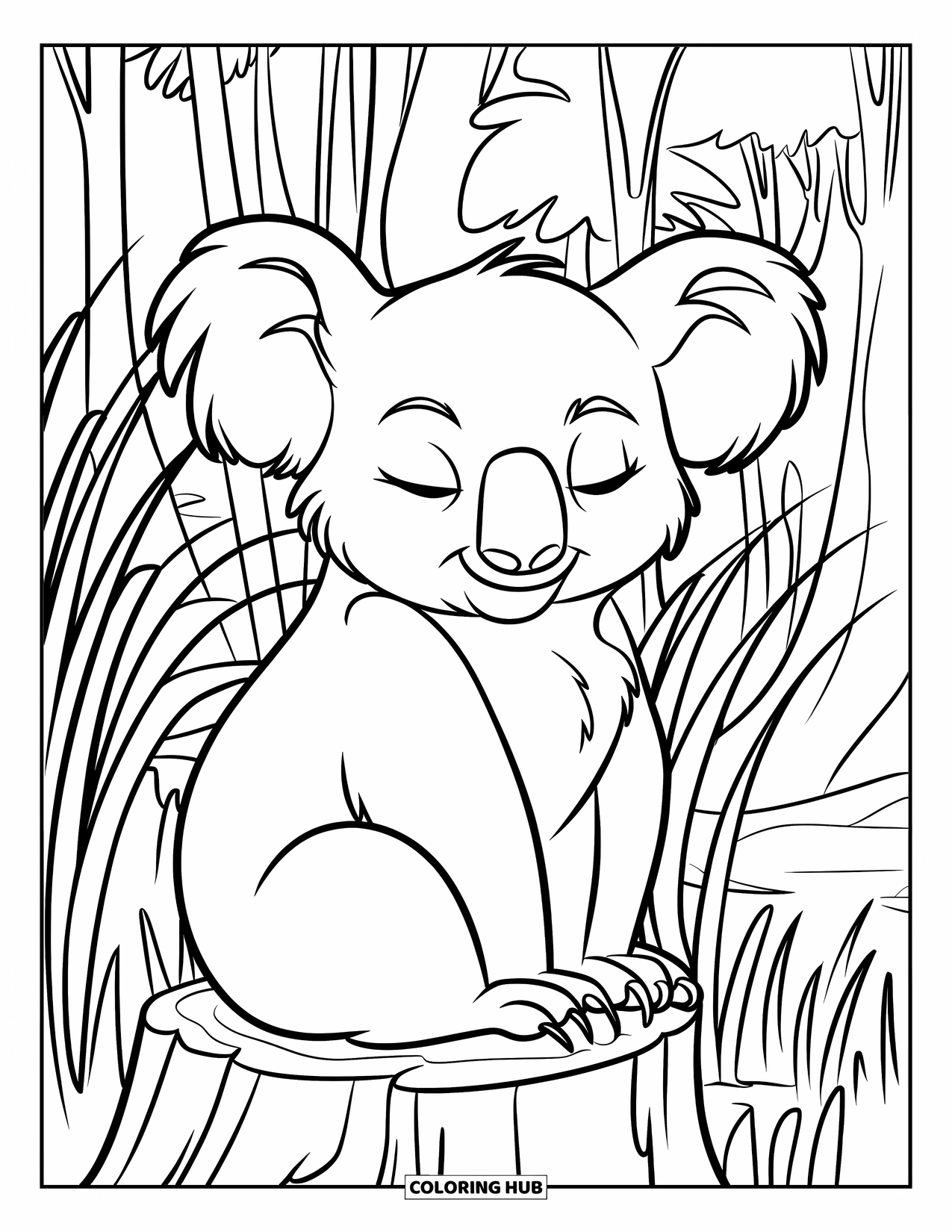 Kolorowanka z koalą dla dzieci: Koala siedzi cicho na pniu drzewa, otoczona wysoką trawą i drzewami