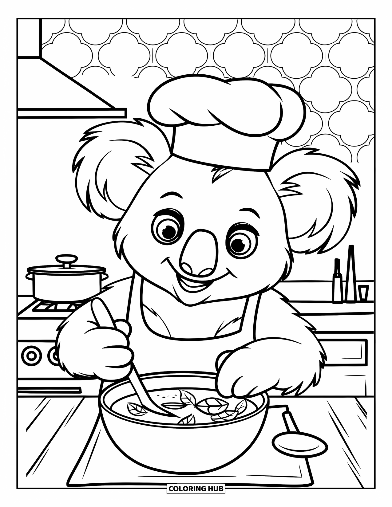 Kolorowanka z koalą dla dzieci: Koala miesza garnek zupy eukaliptusowej, otoczona narzędziami kuchennymi i wzorzystą ścianą