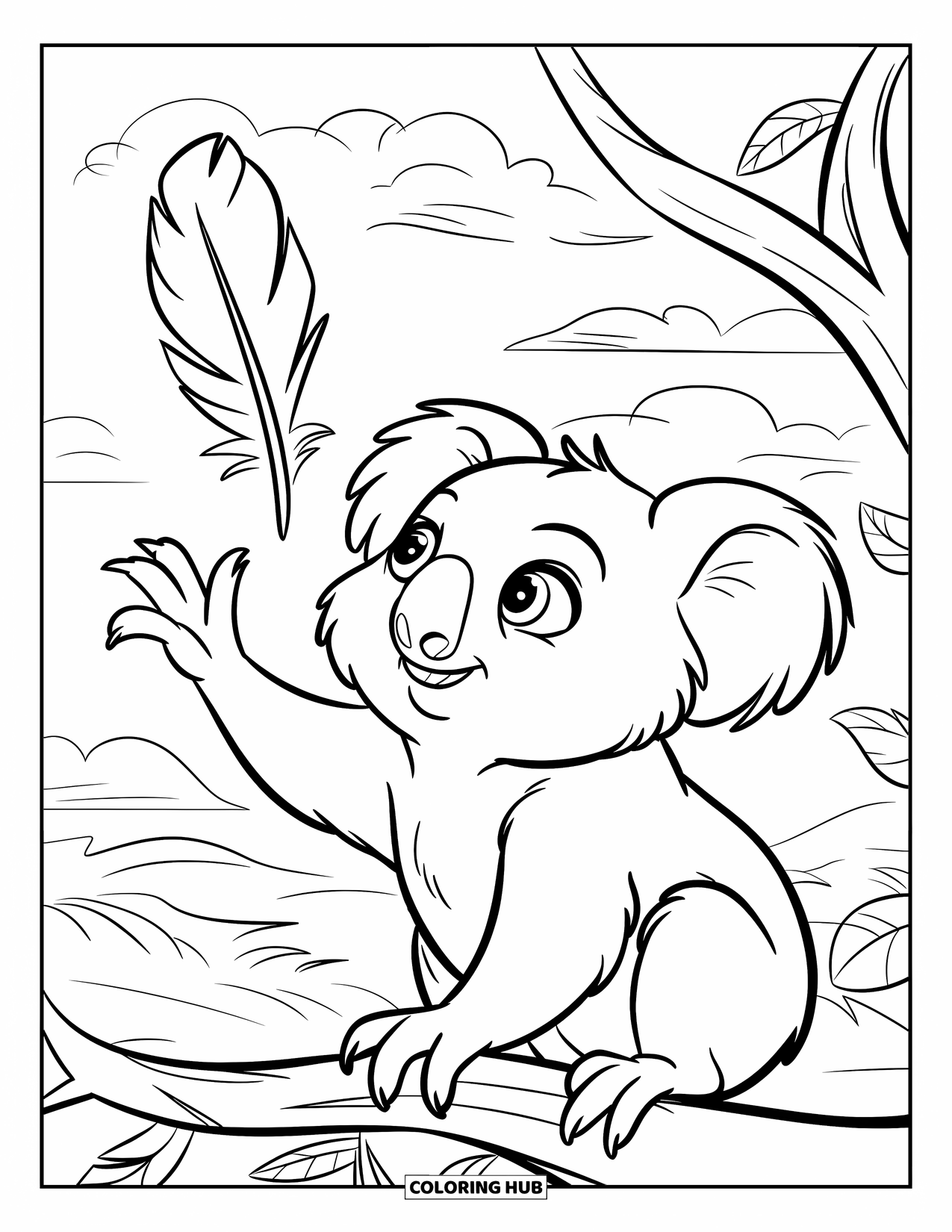 Kolorowanka z koalą dla dzieci: Koala wyciąga łapę w kierunku dryfującego piórka, siedząc na gałęzi drzewa