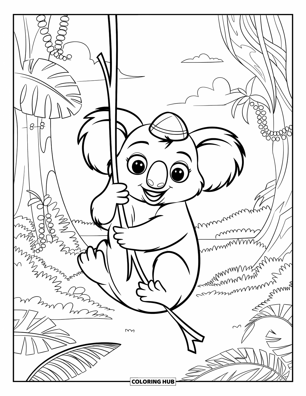 Kolorowanka z koalą dla dzieci: Koala huśta się na lianie, nosząc mały kapelusz, otoczona bujną dżunglą