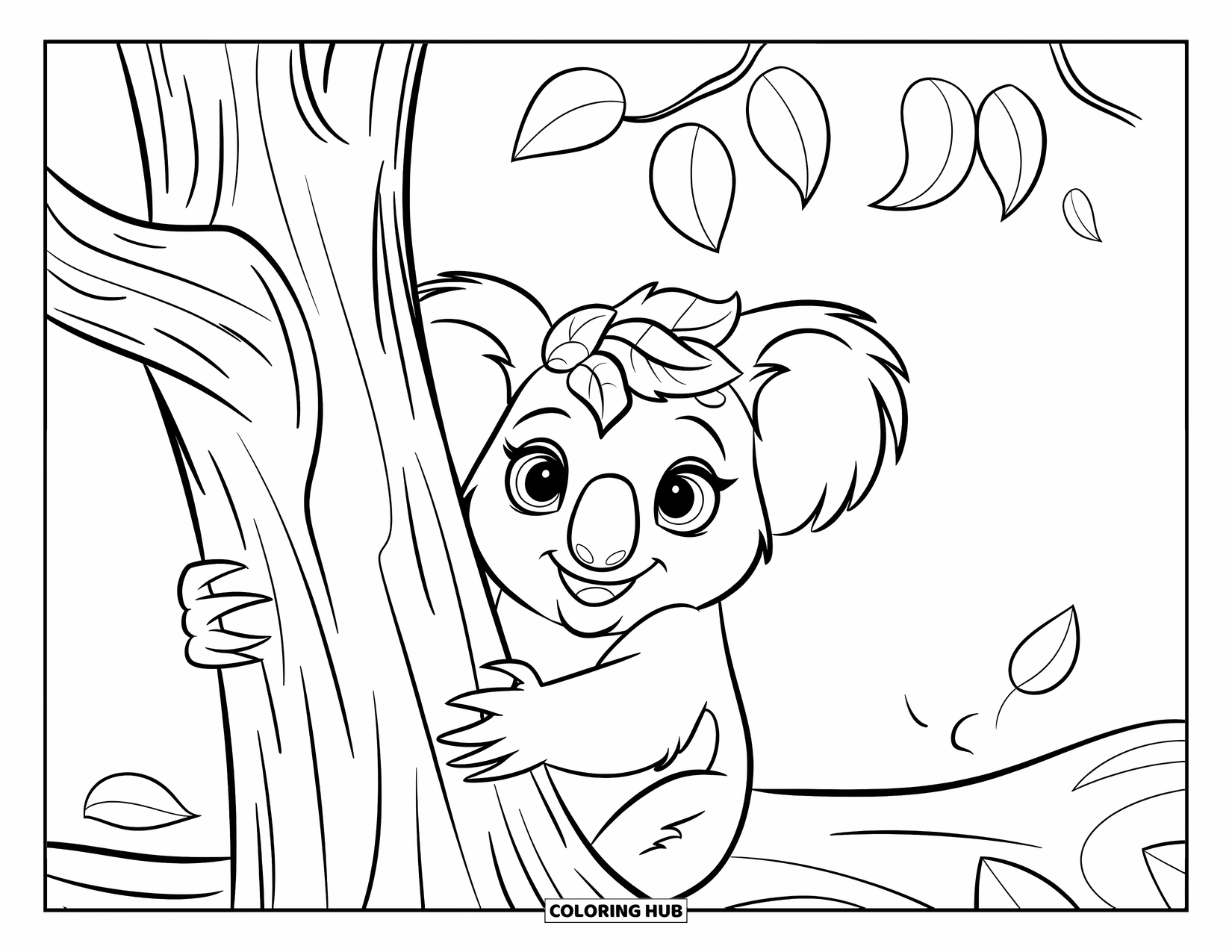 Kolorowanka z koalą dla dzieci: Koala w liściastym kapeluszu wygląda zza szorstkiego pnia drzewa o wyraźnej fakturze