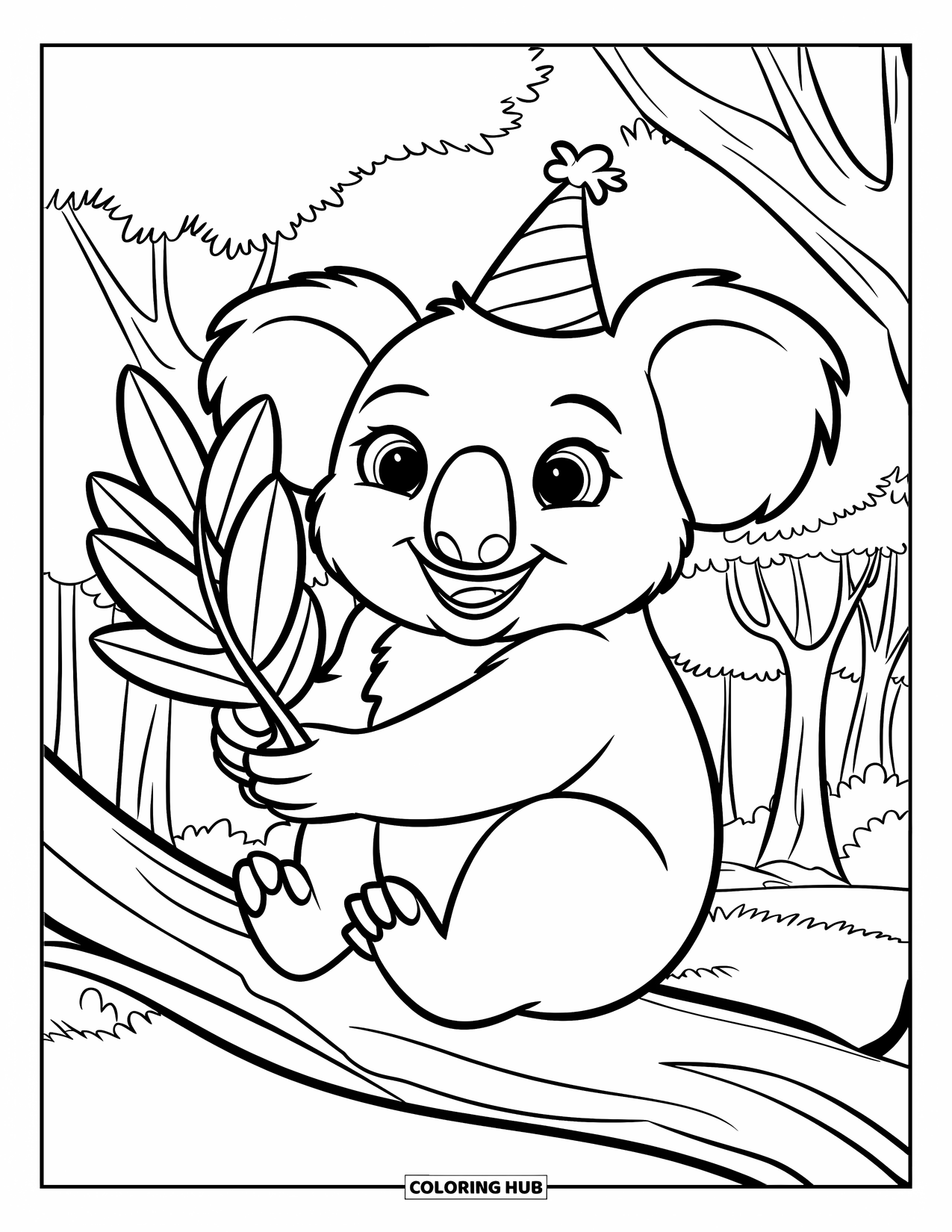 Kolorowanka z koalą dla dzieci: Koala w czapeczce urodzinowej siedzi na gałęzi, trzymając liść eukaliptusa