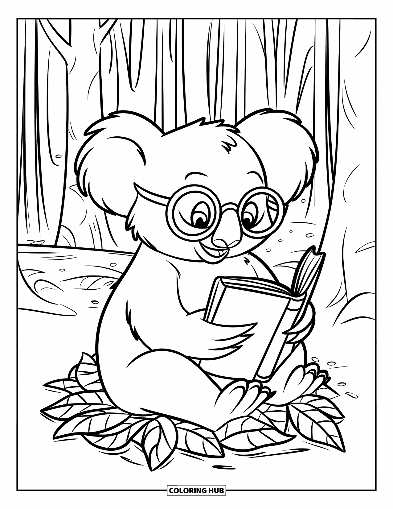 Kolorowanka z koalą dla dzieci: Koala w okularach siedzi na stercie liści, szczęśliwie czytając w spokojnym lesie