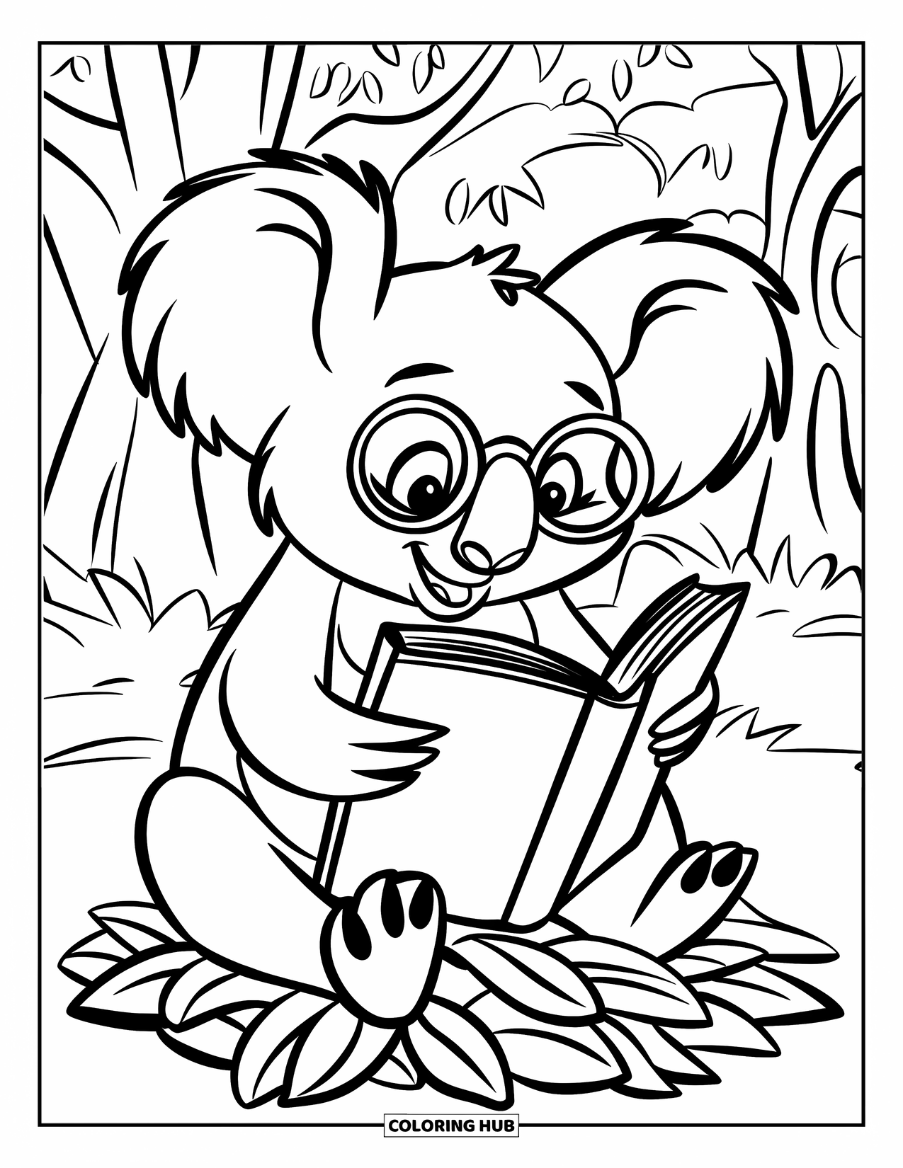 Kolorowanka z koalą dla dzieci: Koala w okularach siedzi na stercie liści, głęboko zanurzona w książce