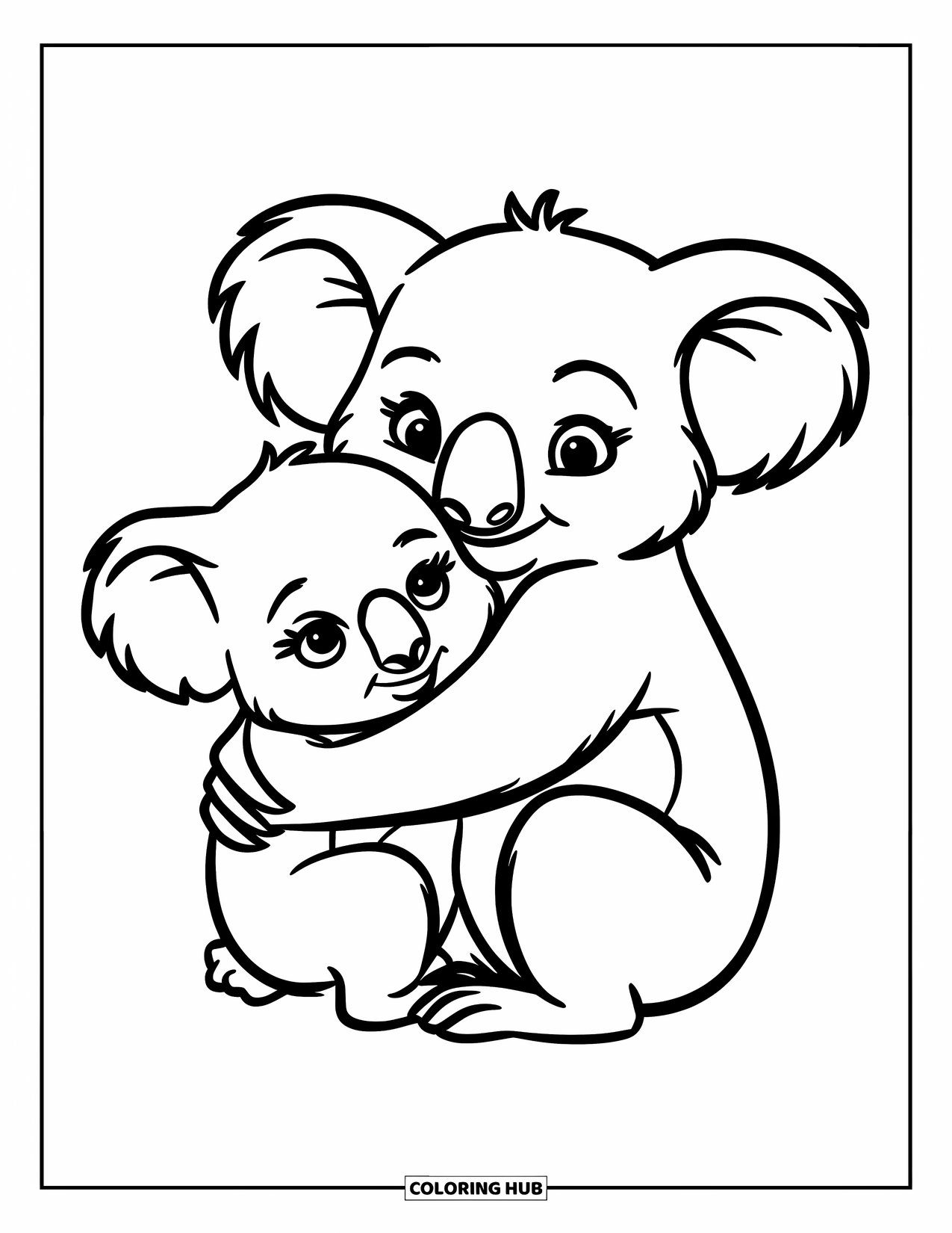 Kolorowanka z koalą dla dzieci: Mała koala trzyma się swojej mamy, dzieląc się ciepłym i delikatnym uściskiem