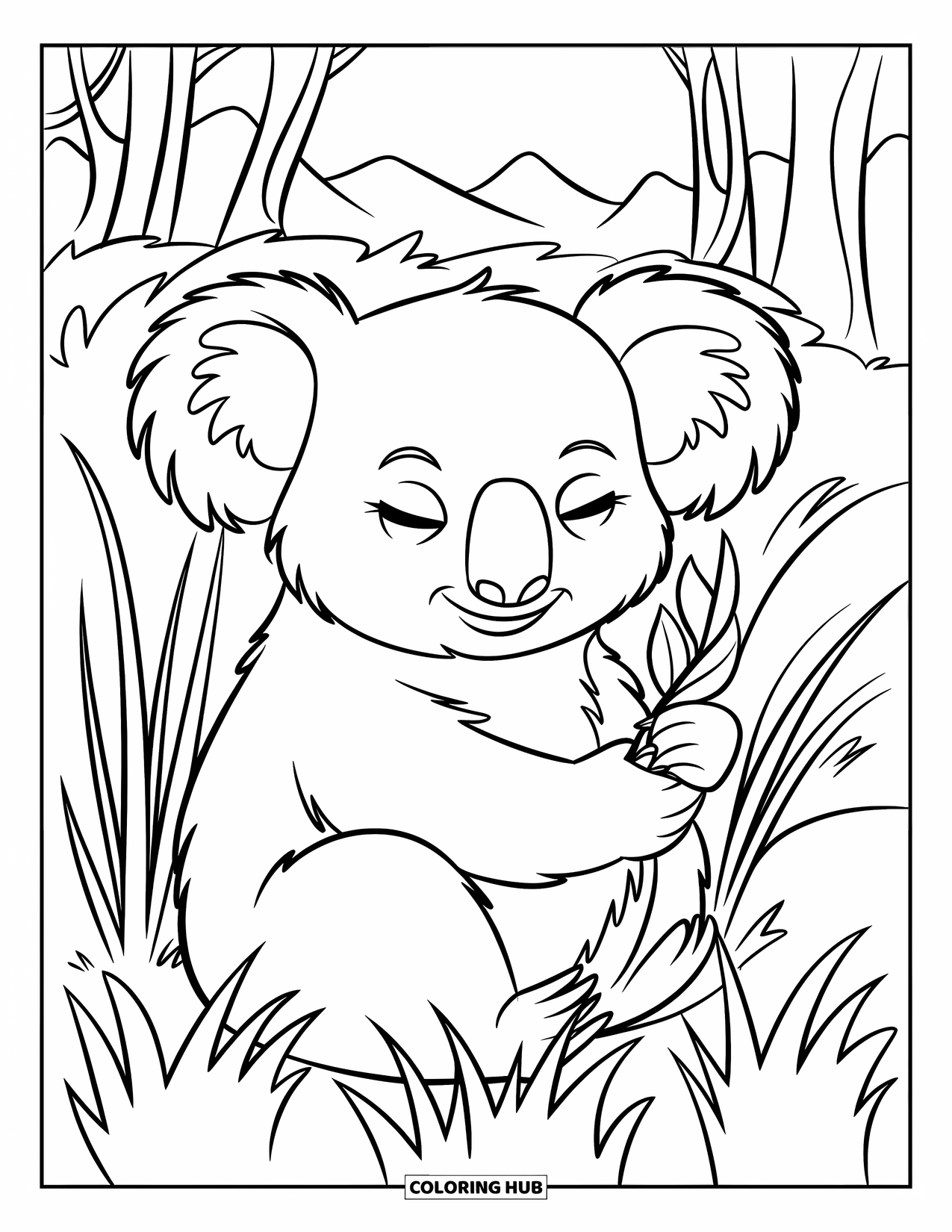 Kolorowanka z koalą dla dzieci: Spokojna koala trzyma liść, siedząc w wysokiej trawie, a za nią wznoszą się góry
