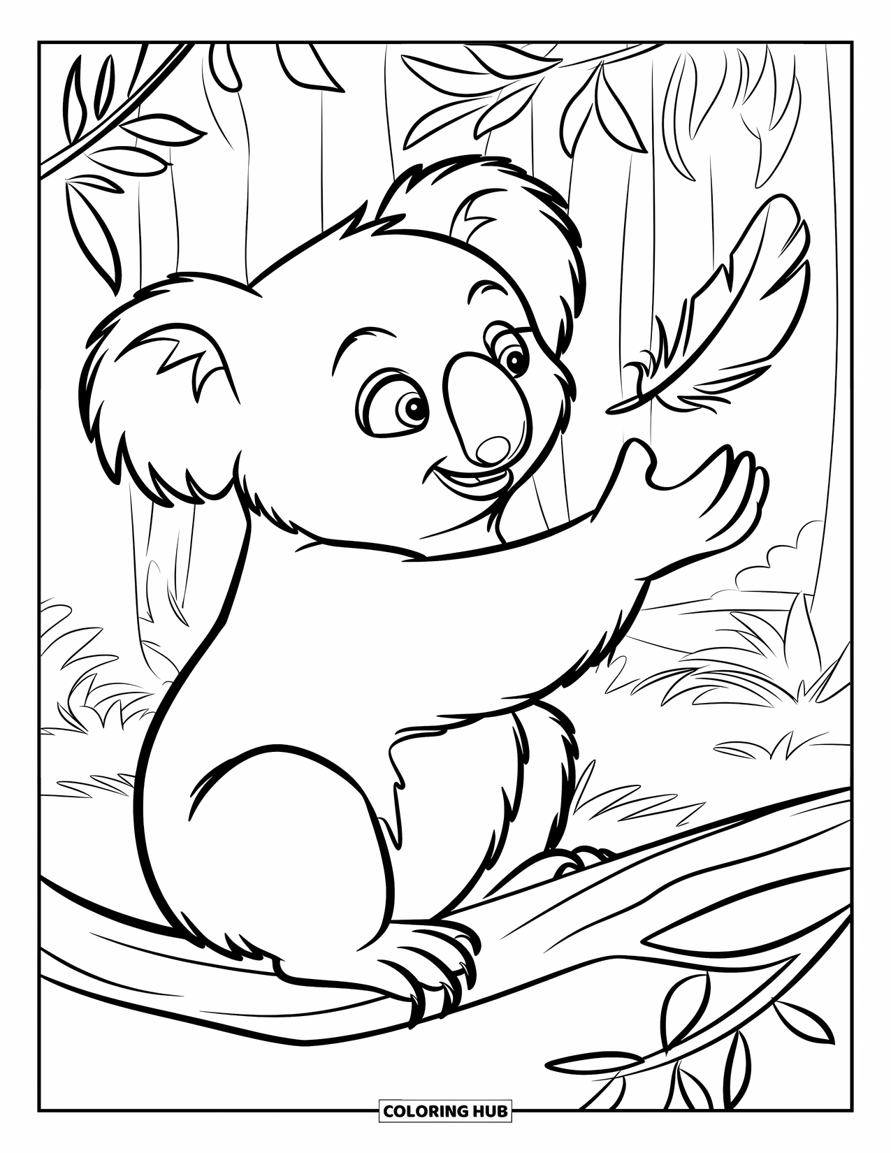 Kolorowanka z koalą dla dzieci: Spokojna koala sięga po unoszące się piórko, otoczona gałęziami i liśćmi