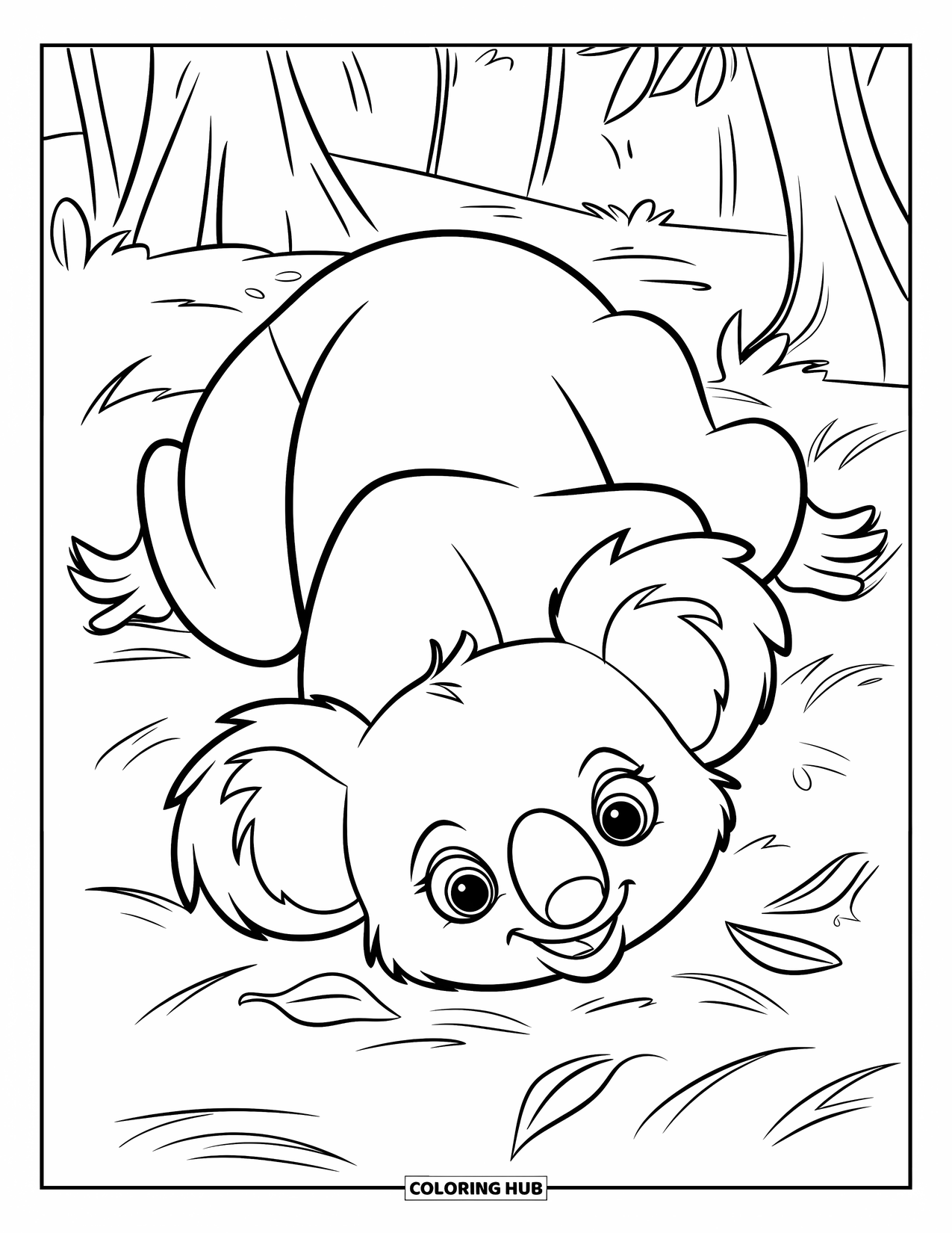 Kolorowanka z koalą dla dzieci: Rozbrykana koala turla się w trawie, otoczona rozrzuconymi liśćmi i kilkoma drzewami