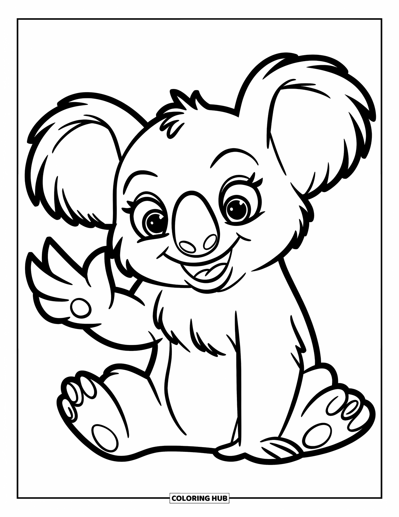 Kolorowanka z koalą dla dzieci: Rozbrykana koala siedzi na ziemi, machając z radosnym wyrazem twarzy