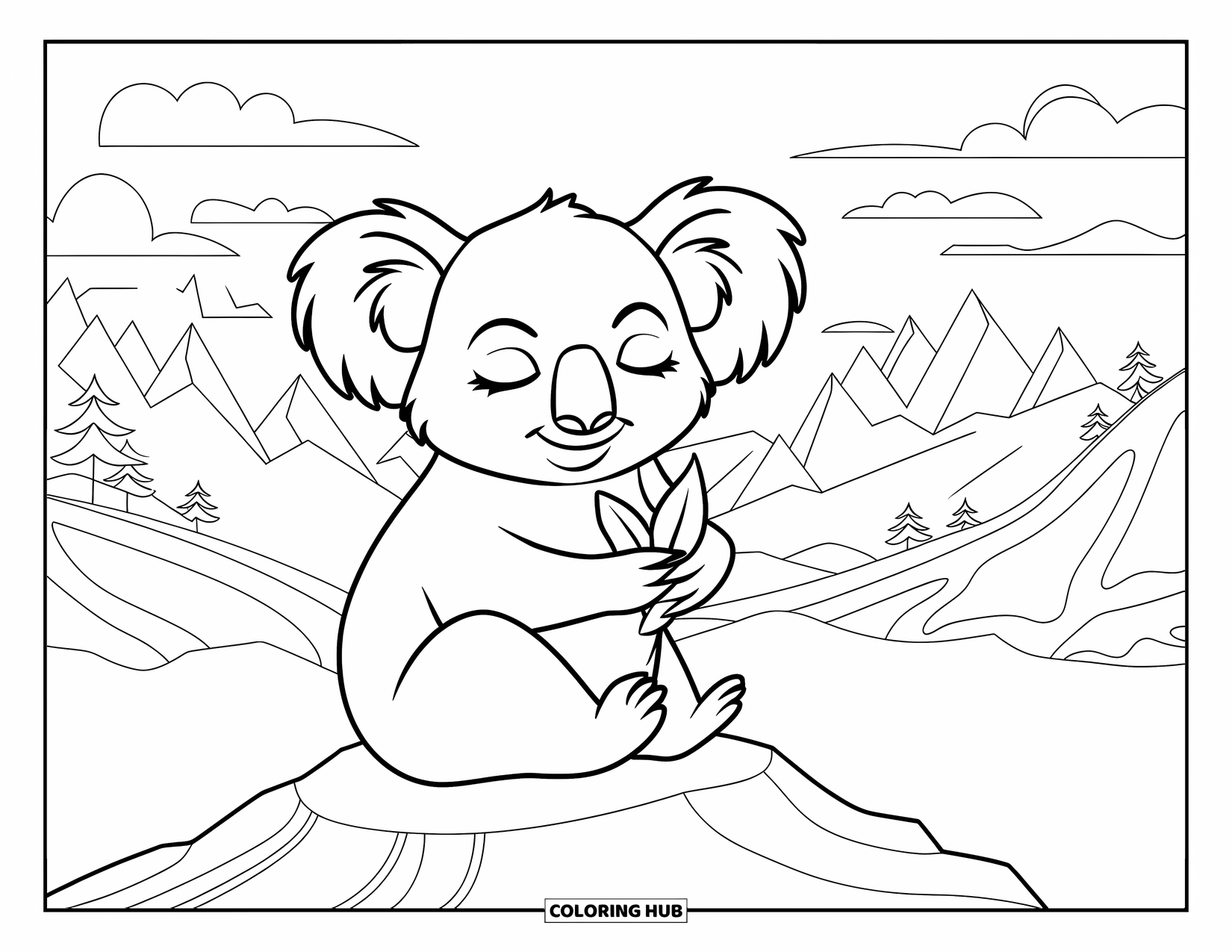 Kolorowanka z koalą dla dzieci: Zrelaksowana koala trzyma liść, siedząc na skale, otoczona wysokimi górami