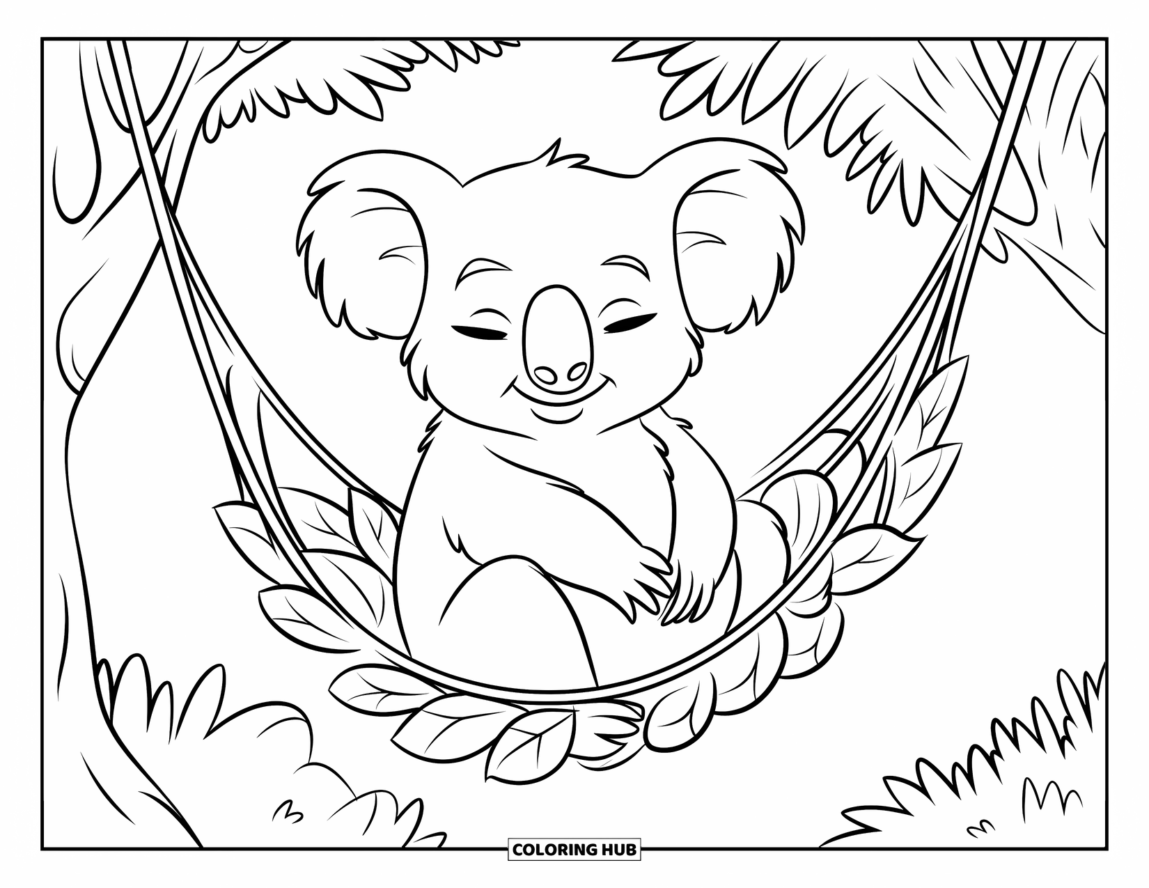 Kolorowanka z koalą dla dzieci: Zrelaksowana koala kołysze się w liściastym hamaku, wtulona wśród wysokich drzew