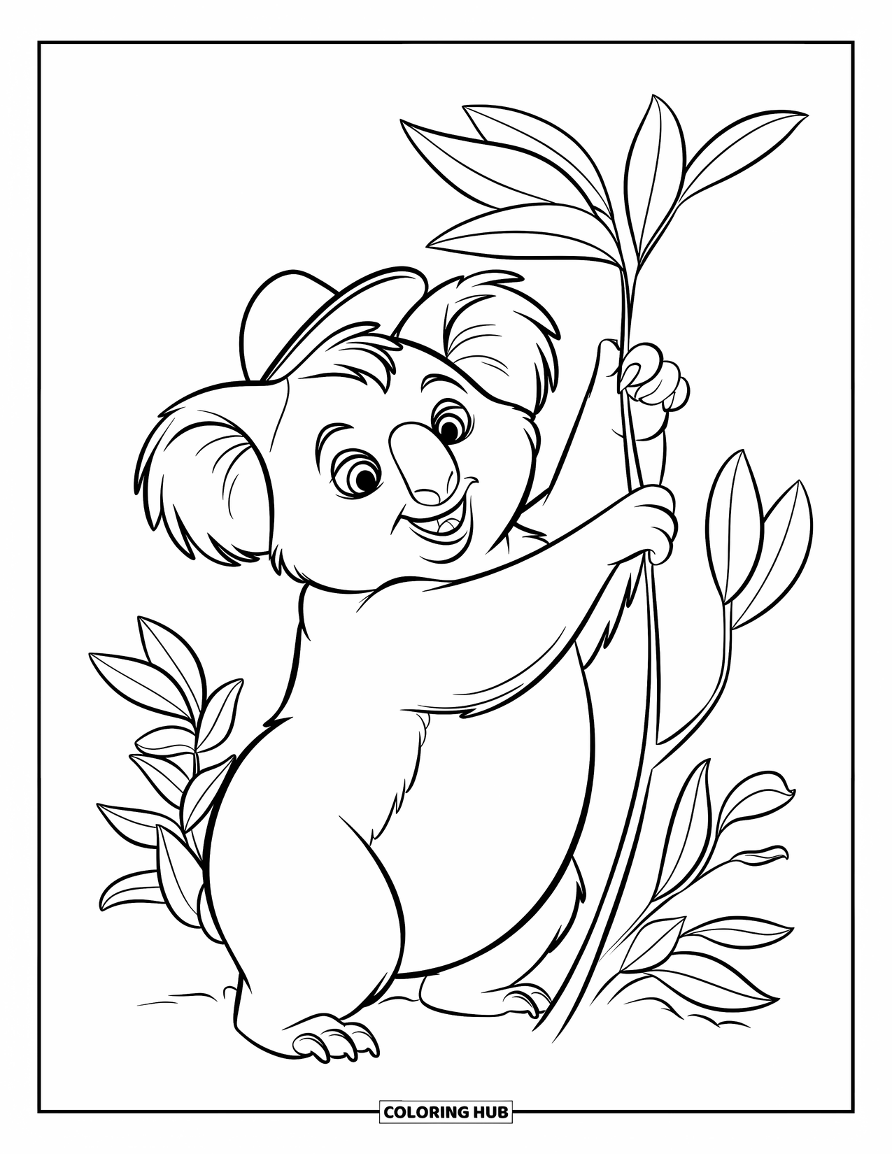 Kolorowanka z koalą dla dzieci: Koala o okrągłym ciele w malutkim kapeluszu wyciąga łapy w stronę liściastej gałęzi