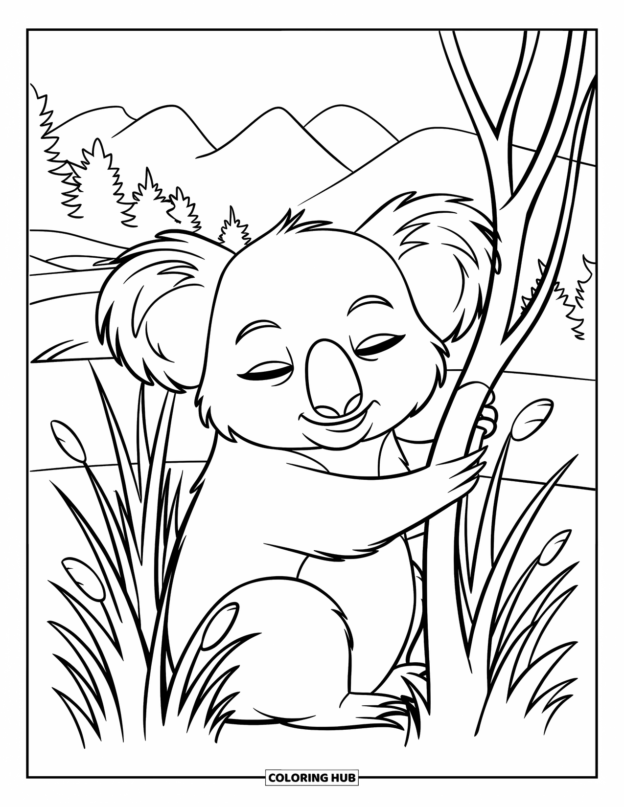 Kolorowanka z koalą dla dzieci: Śpiąca koala trzyma się gałęzi, ukryta wśród dzikiej trawy i wysokich drzew
