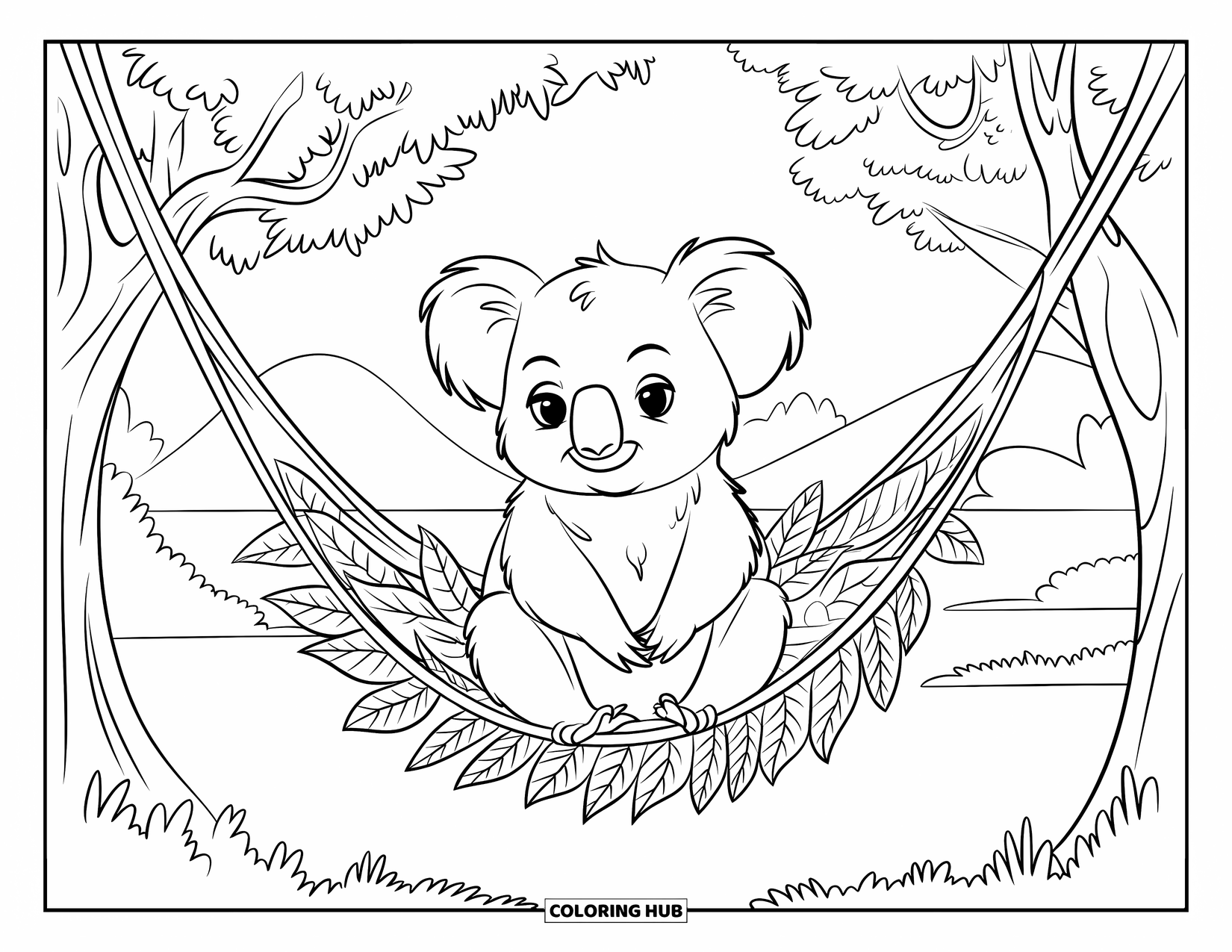 Kolorowanka z koalą dla dzieci: Śpiąca koala relaksuje się w hamaku z liści, z górami i wodą w oddali