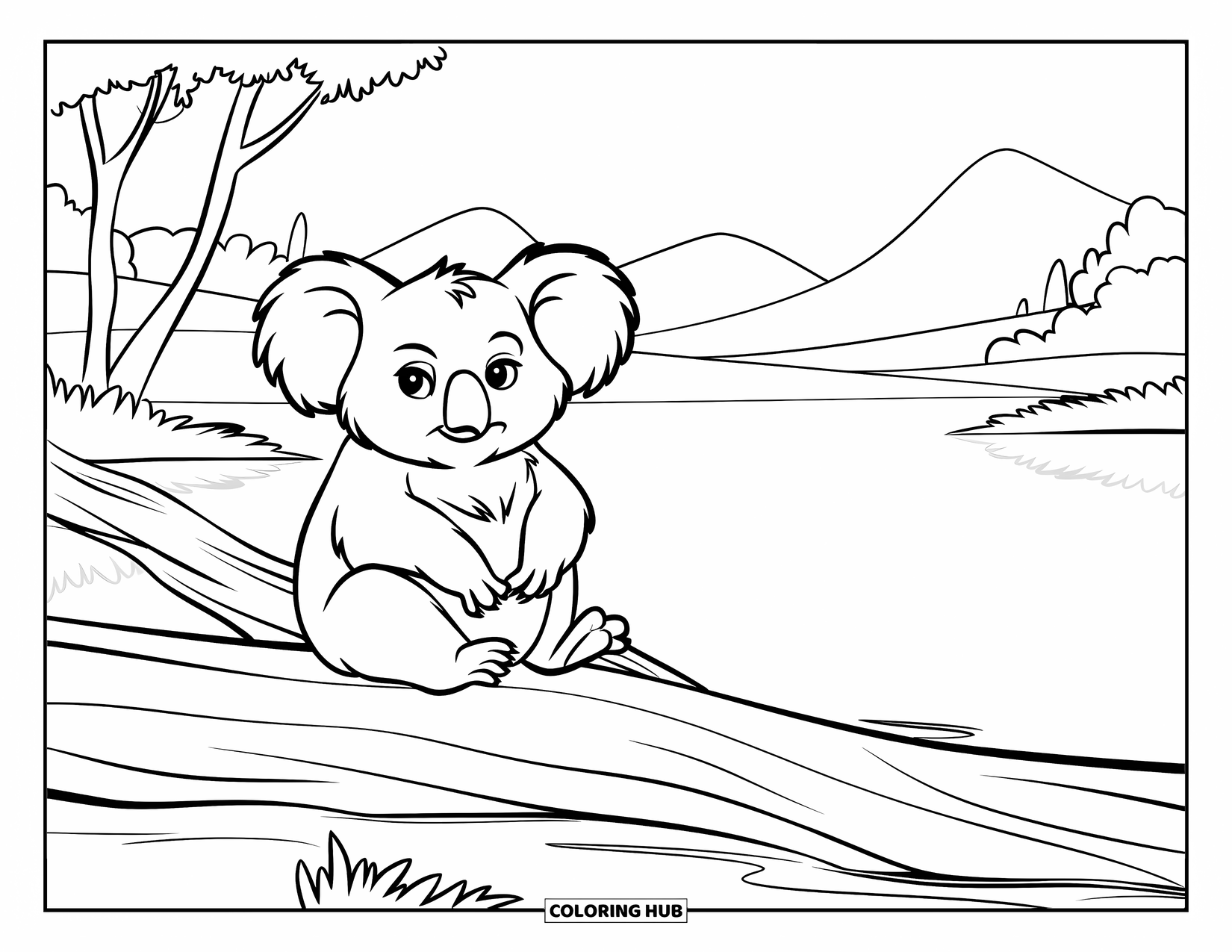 Kolorowanka z koalą dla dzieci: Śpiąca koala odpoczywa na powalonej kłodzie w pobliżu spokojnego jeziora, otoczona drzewami i górami