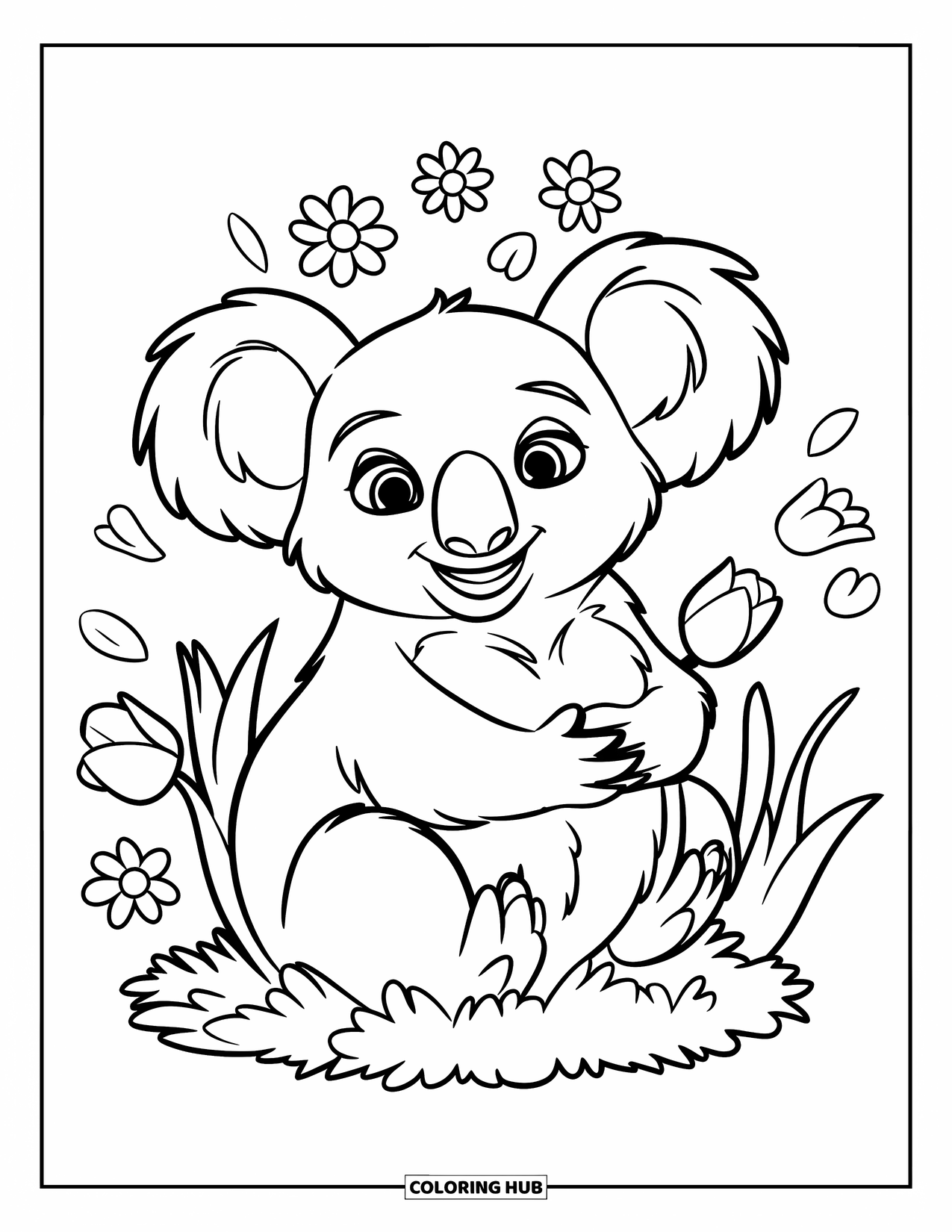Kolorowanka z koalą dla dzieci: Uśmiechnięta koala siedzi w okrągłym krzaku, otoczona tulipanami i stokrotkami