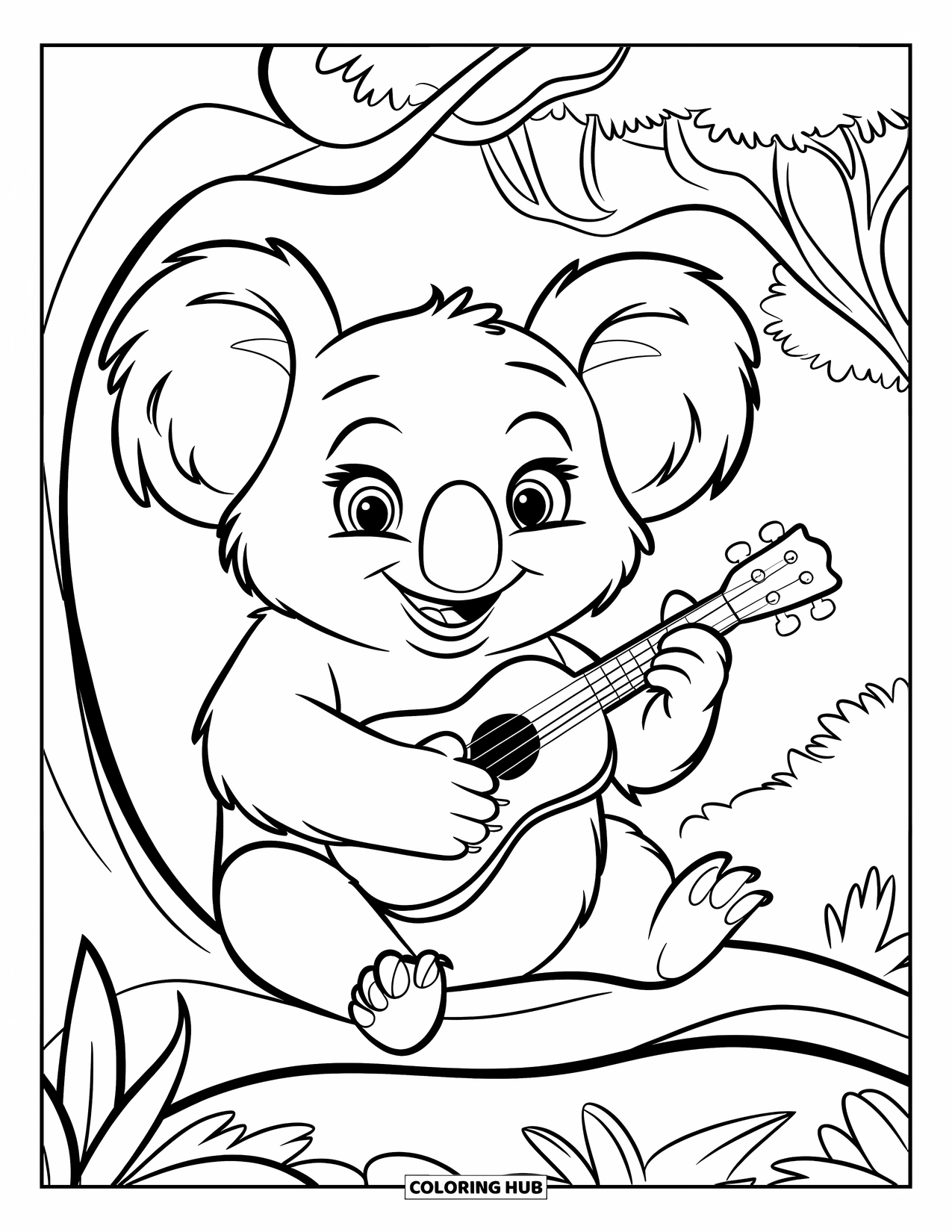 Kolorowanka z koalą dla dzieci: Uśmiechnięta koala brzdąka na ukulele, siedząc na drzewie, otoczona naturą