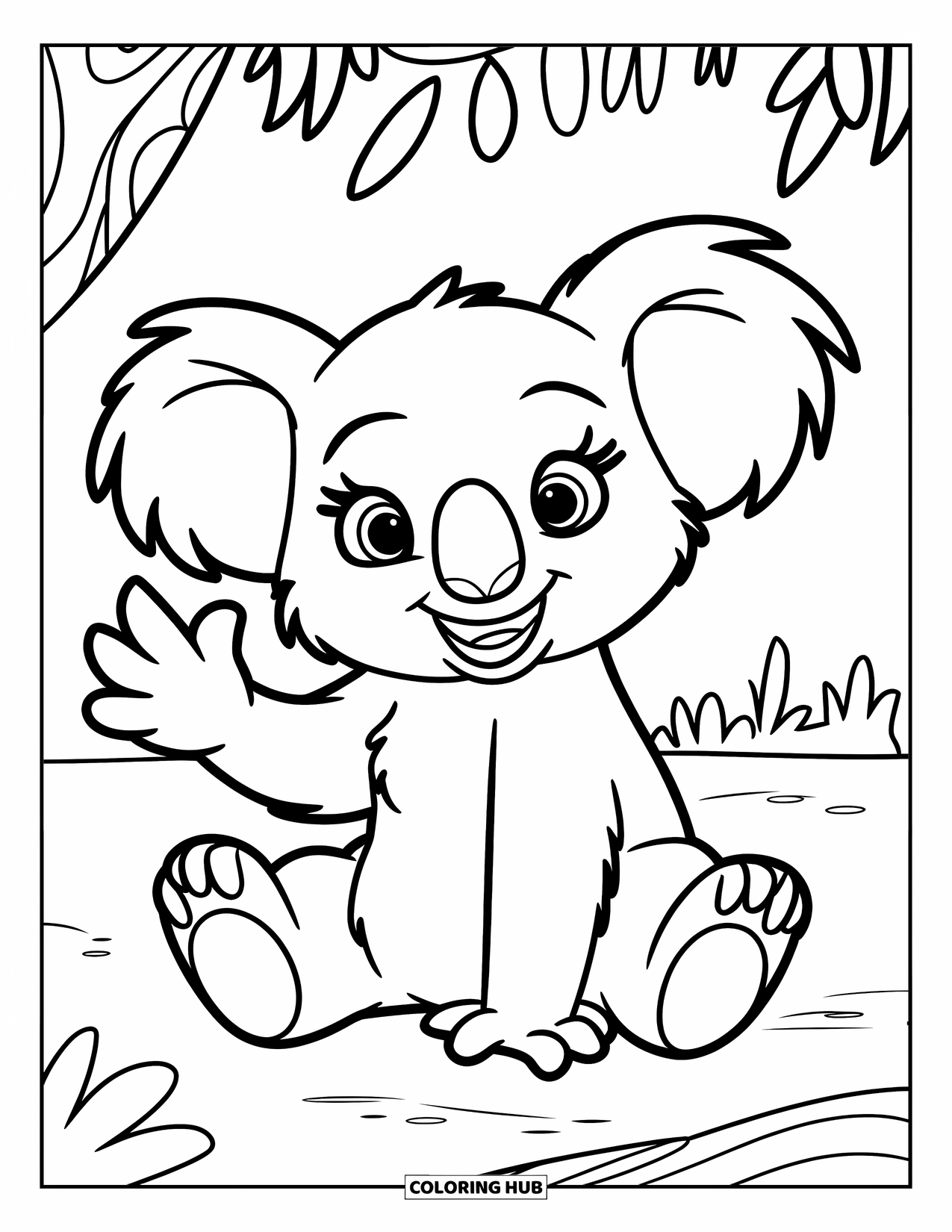 Kolorowanka z koalą dla dzieci: Uśmiechnięta koala macha, siedząc na ziemi, pełna energii i radości