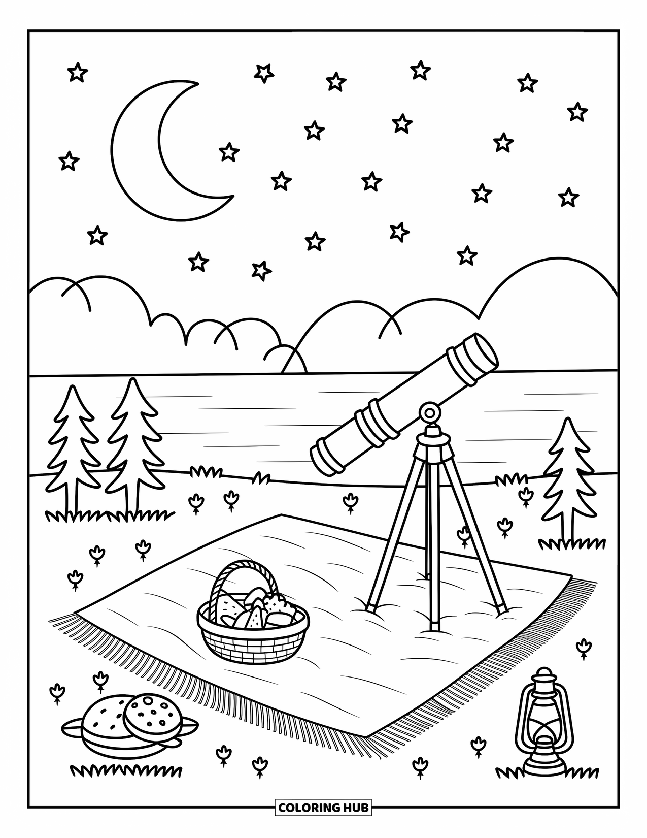 Kleurplaat Meer voor Volwassenen: Een deken, telescoop en snacks bij een sterrenmeer