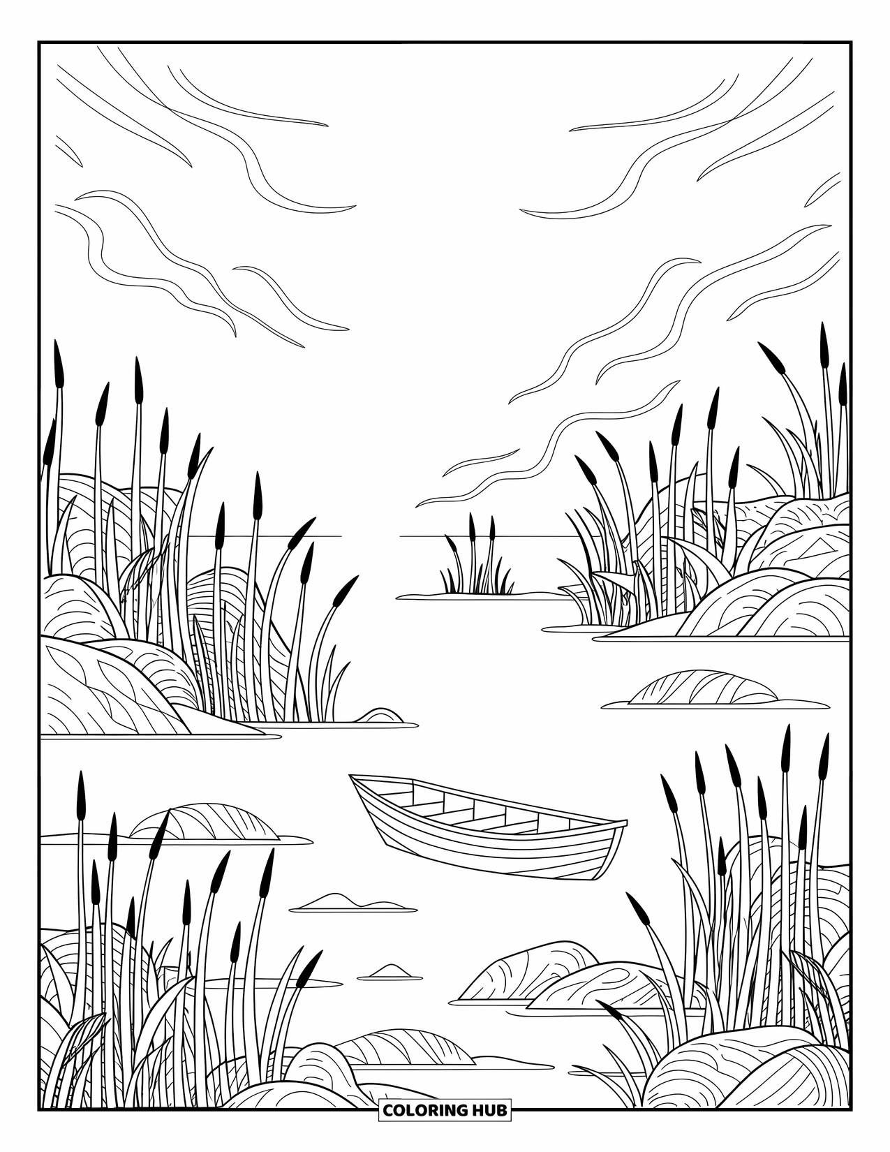 Kleurplaat Meer voor volwassenen: Een kalm meer in de schemering met riet, rotsen en een roeiboot