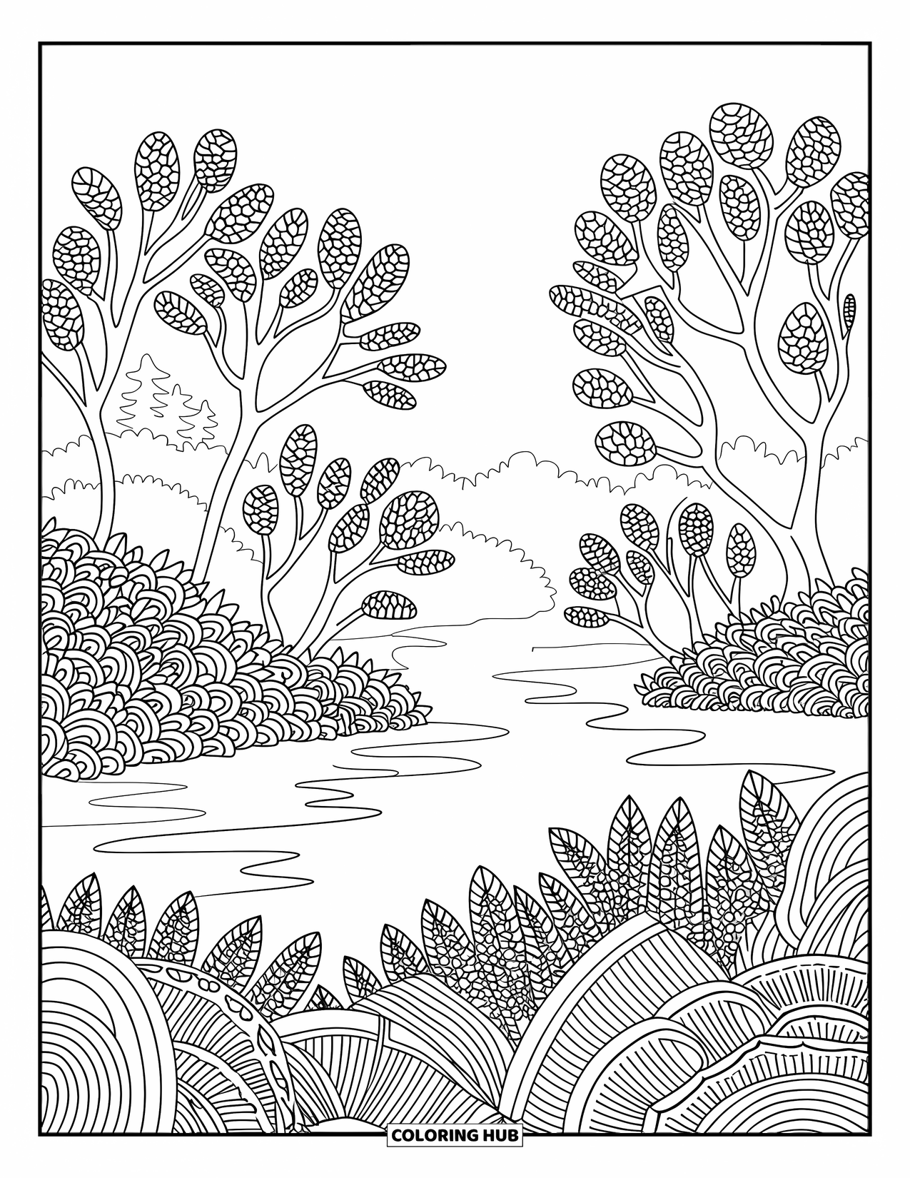 Kleurplaat Meer voor volwassenen: Een kalm meer omgeven door herfstbomen en gedetailleerde patronen