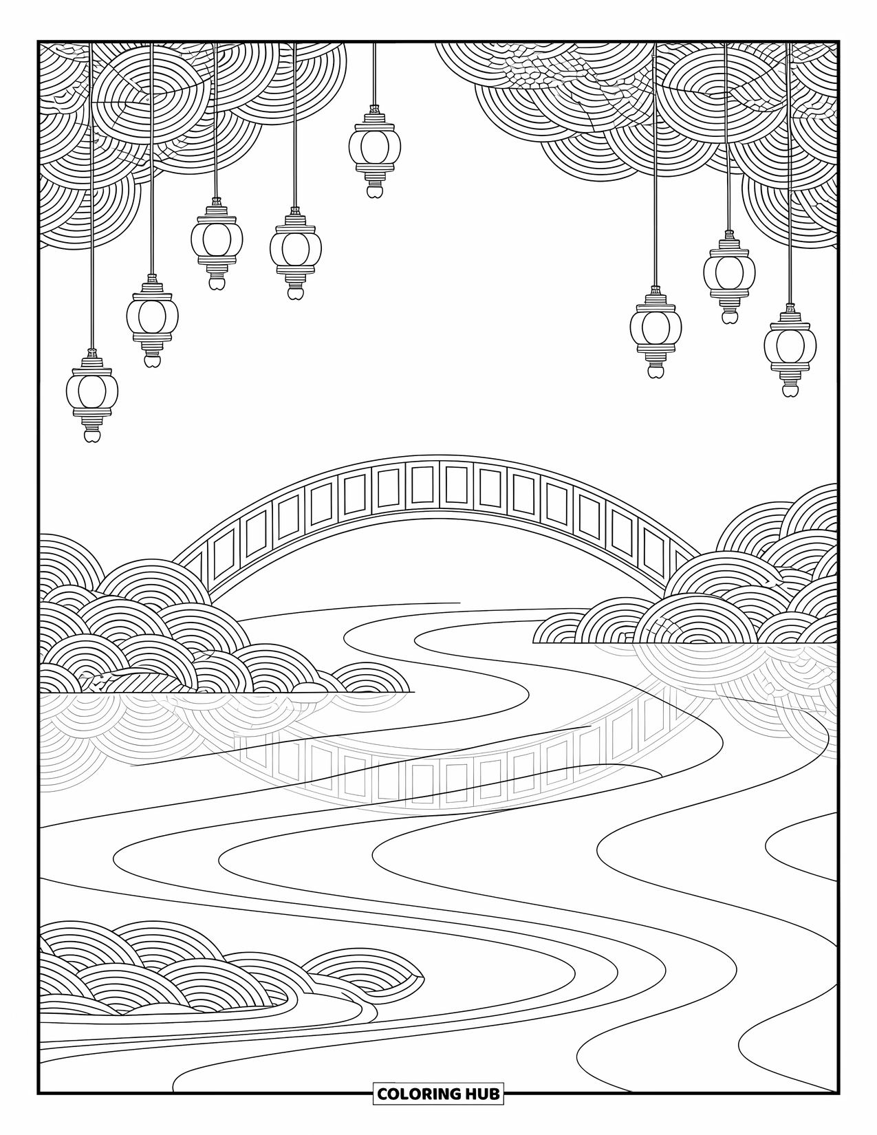 Kleurplaat Meer voor volwassenen: Een kalm uitzicht op een meer met een brug, lantaarns en zachte golven