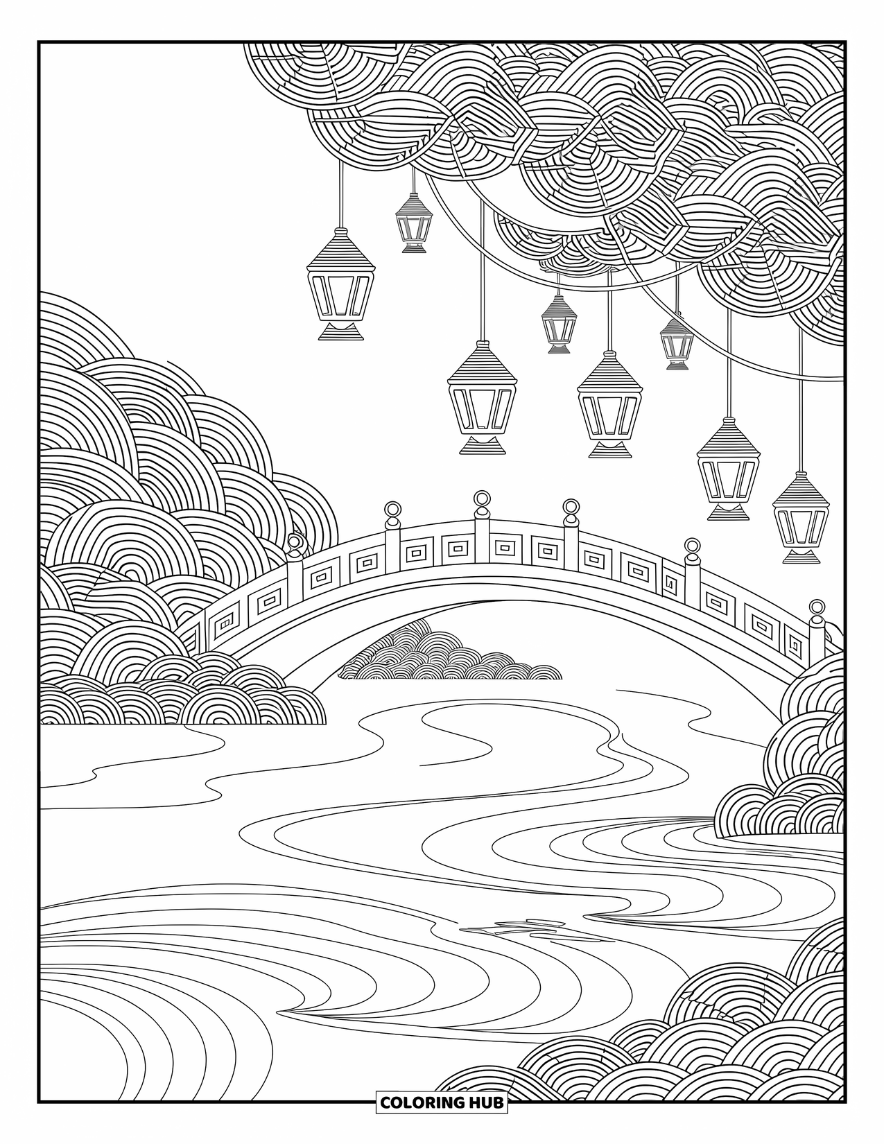 Kleurplaat Meer voor volwassenen: Een kalm meer met een brug, lantaarns en zachte golven