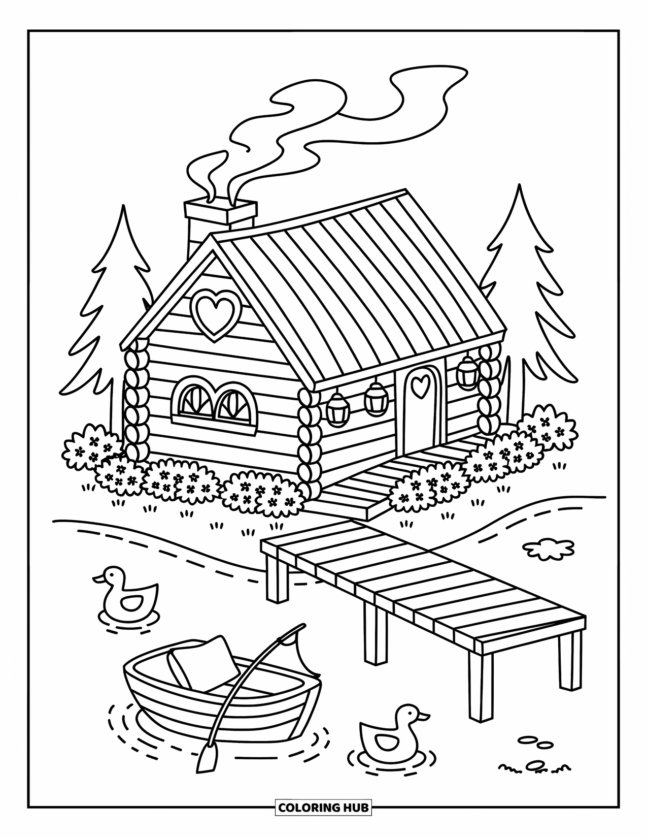 Kleurplaat Meer voor Volwassenen: Een gezellig huisje met bloemen, een roeiboot en eenden bij het meer