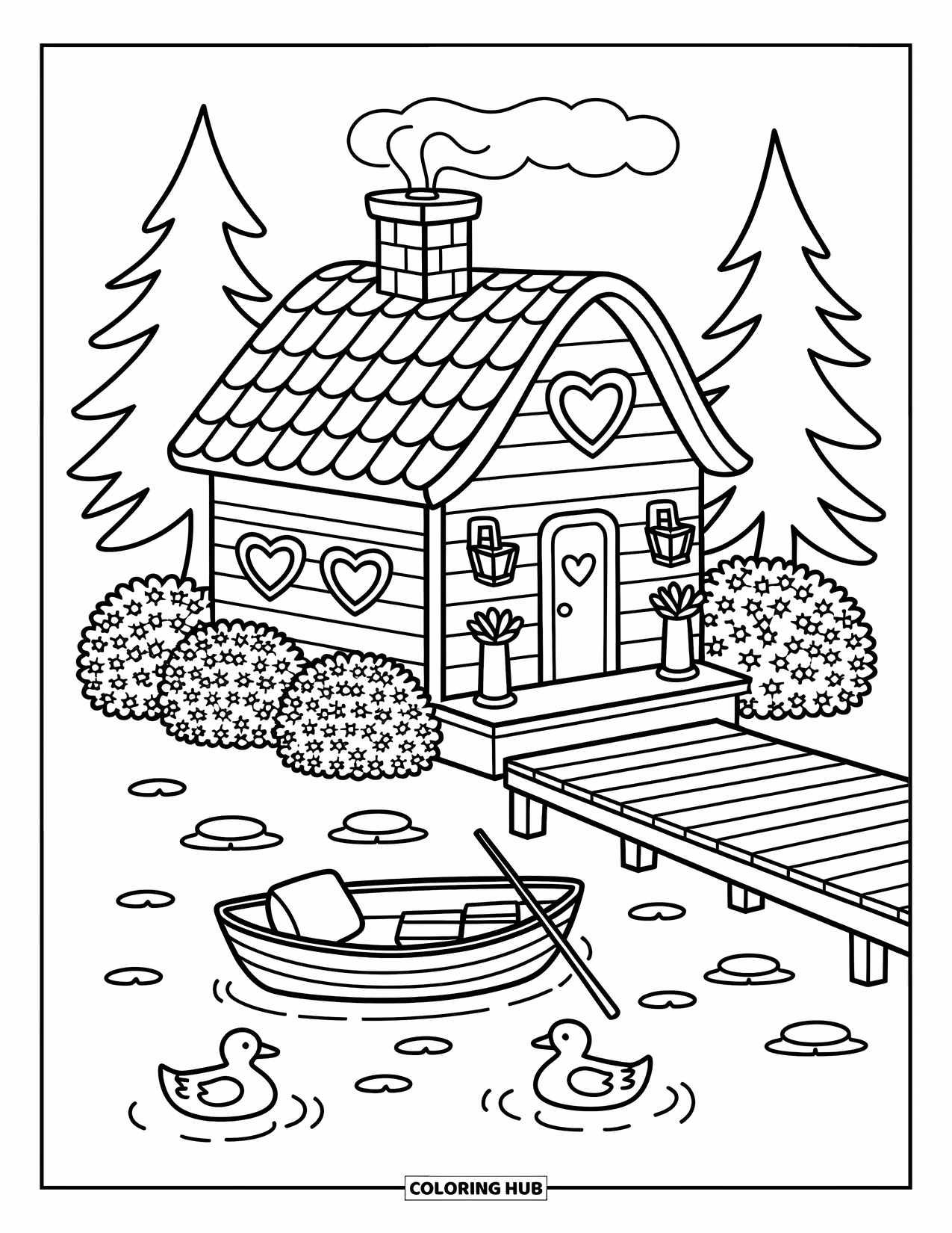Kleurplaat Meer voor volwassenen: Een gezellige hut met hartjesramen, een steiger en eenden op het meer