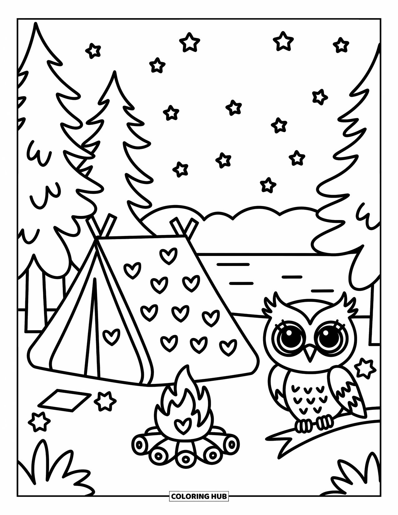 Kleurplaat Meer voor Volwassenen: Een gezellige kampeerscène met een tent, uil en dennenbomen bij het meer