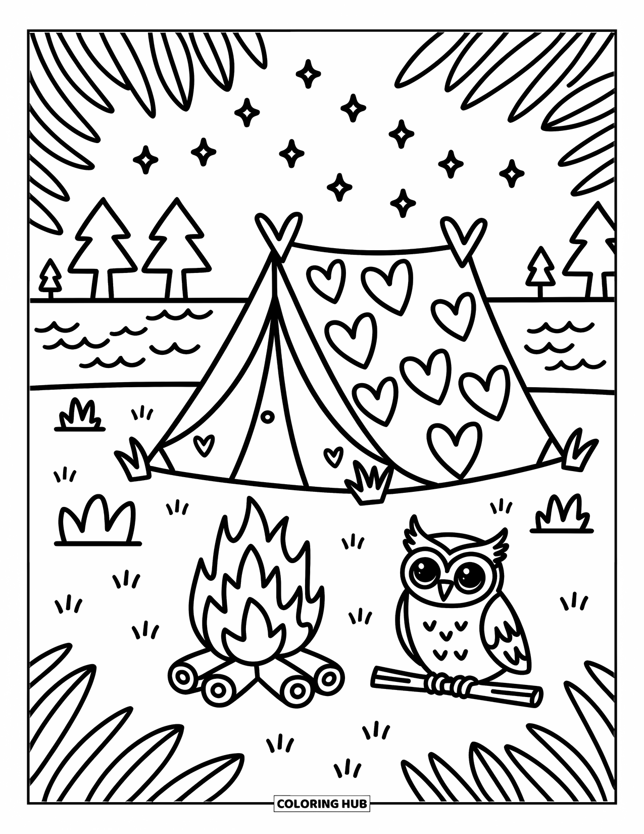 Kleurplaat Meer voor Volwassenen: Een gezellige kampeerplek met een tent, kampvuur en een nieuwsgierige uil