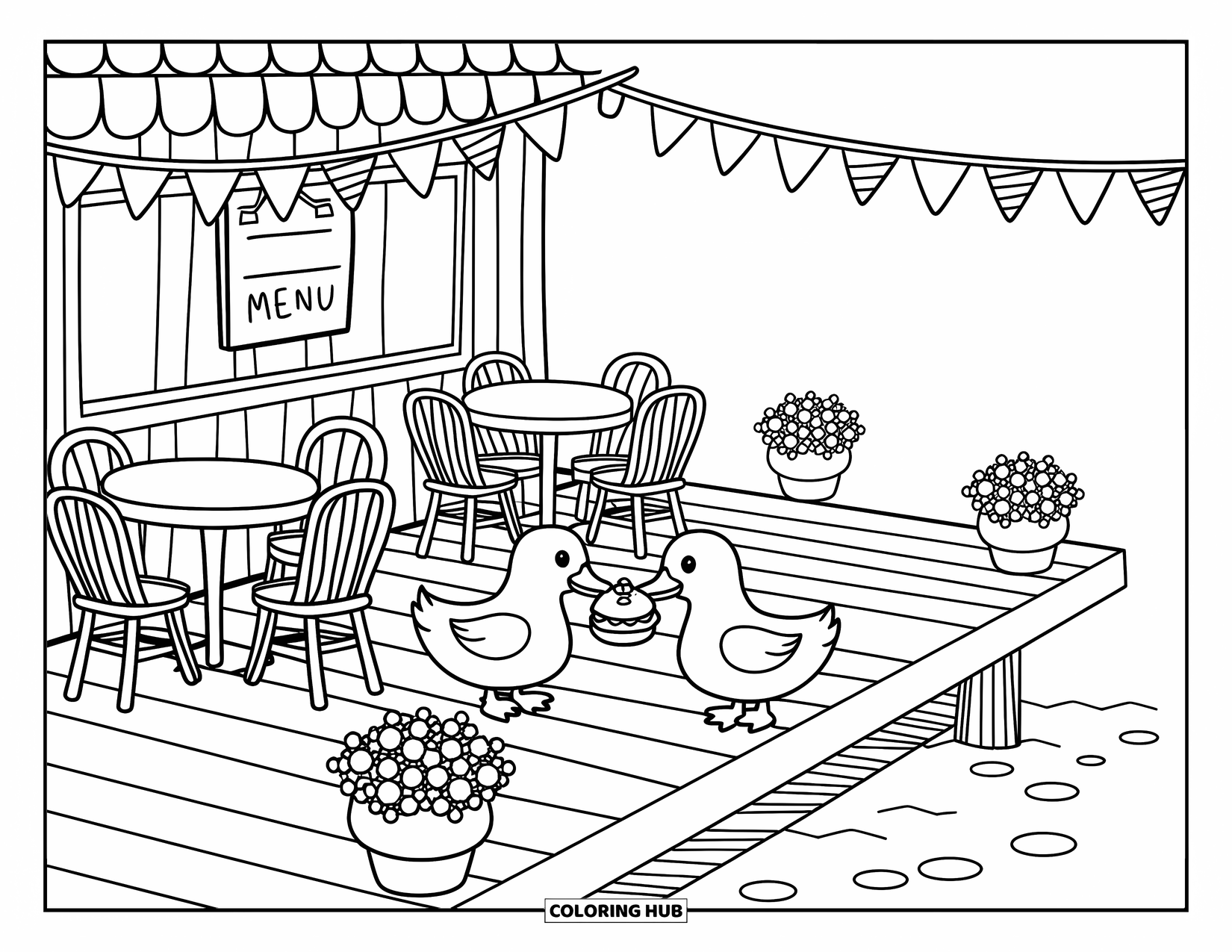 Kleurplaat Meer voor Volwassenen: Een dokcafé met feeërieke lichtjes, eenden en bloempotten