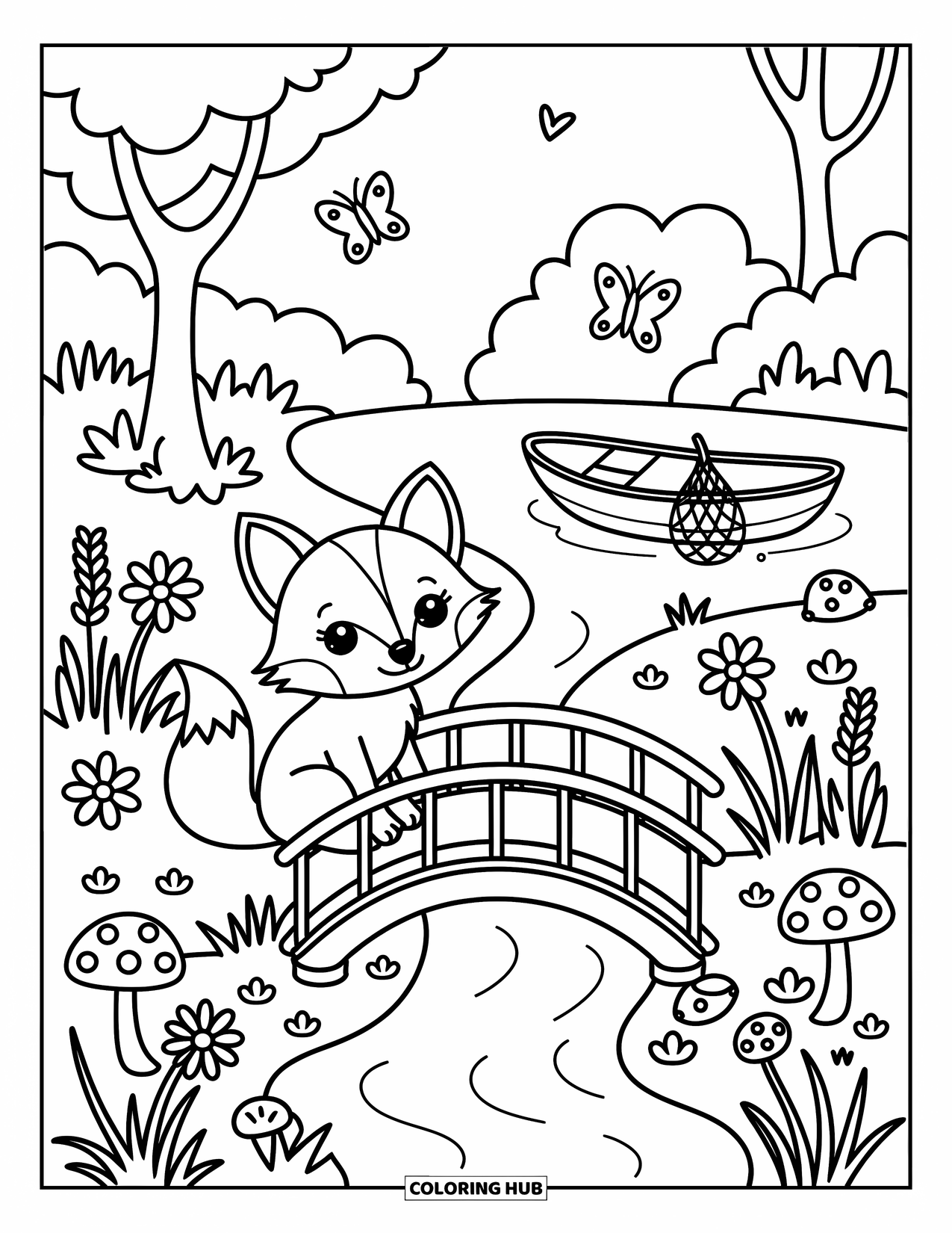 Kleurplaat Meer voor Volwassenen: Een vos bij een beek, wilde bloemen en een roeiboot op het meer