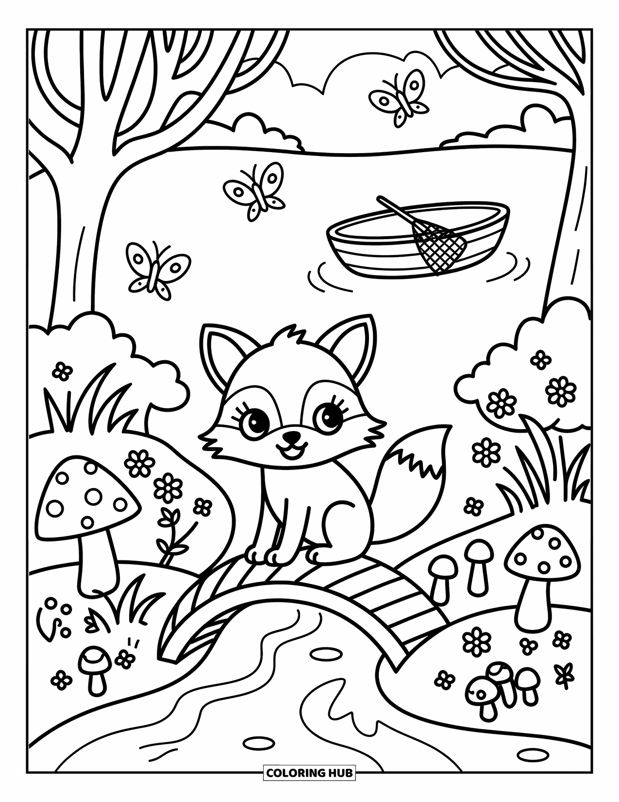 Kleurplaat Meer voor Volwassenen: Een vos bij een klein bruggetje over een beek die naar een meer leidt