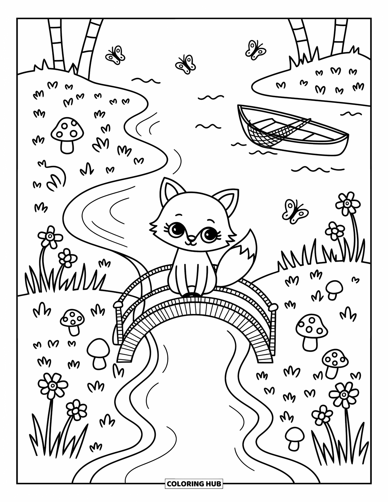 Kleurplaat Meer voor Volwassenen: Een vos in de buurt van een brug met vlinders, bloemen en een roeiboot