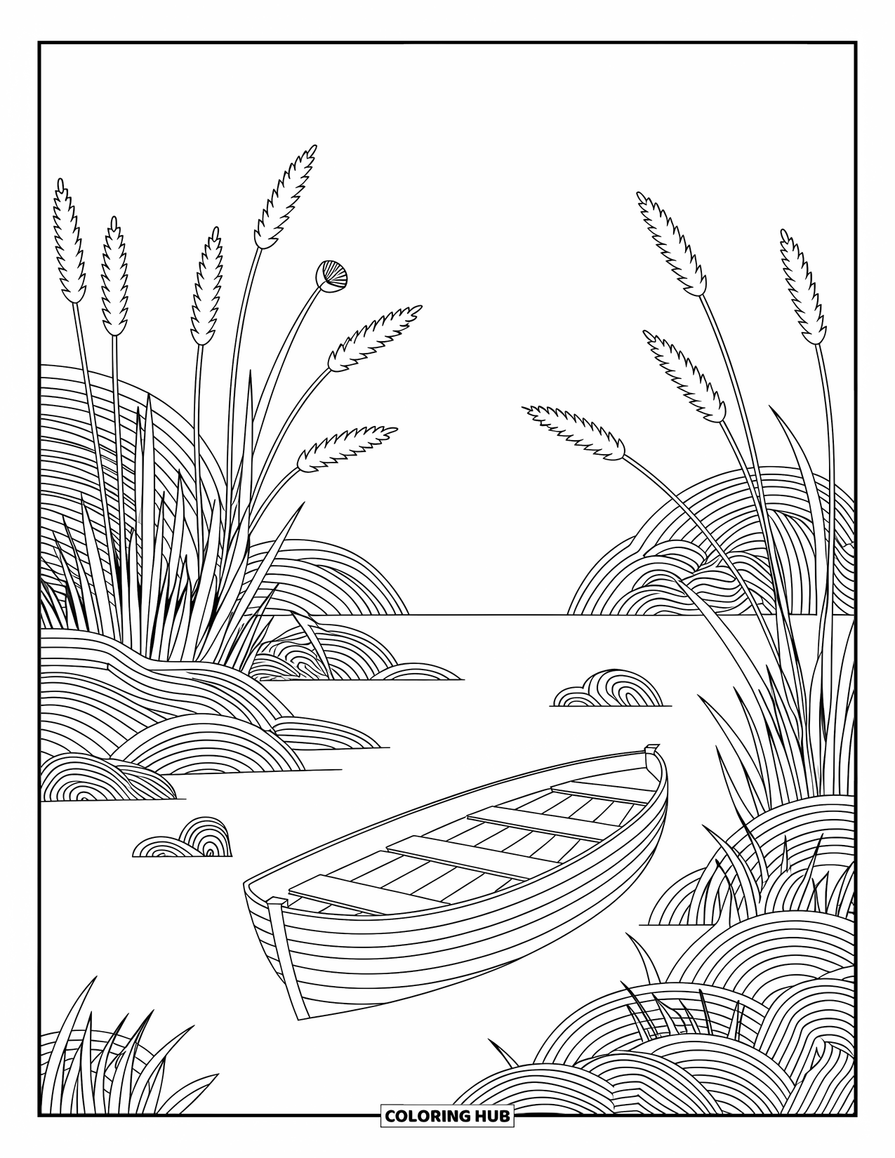 Kleurplaat Meer voor volwassenen: Een meer in de schemering met riet, rotsen en een houten roeiboot