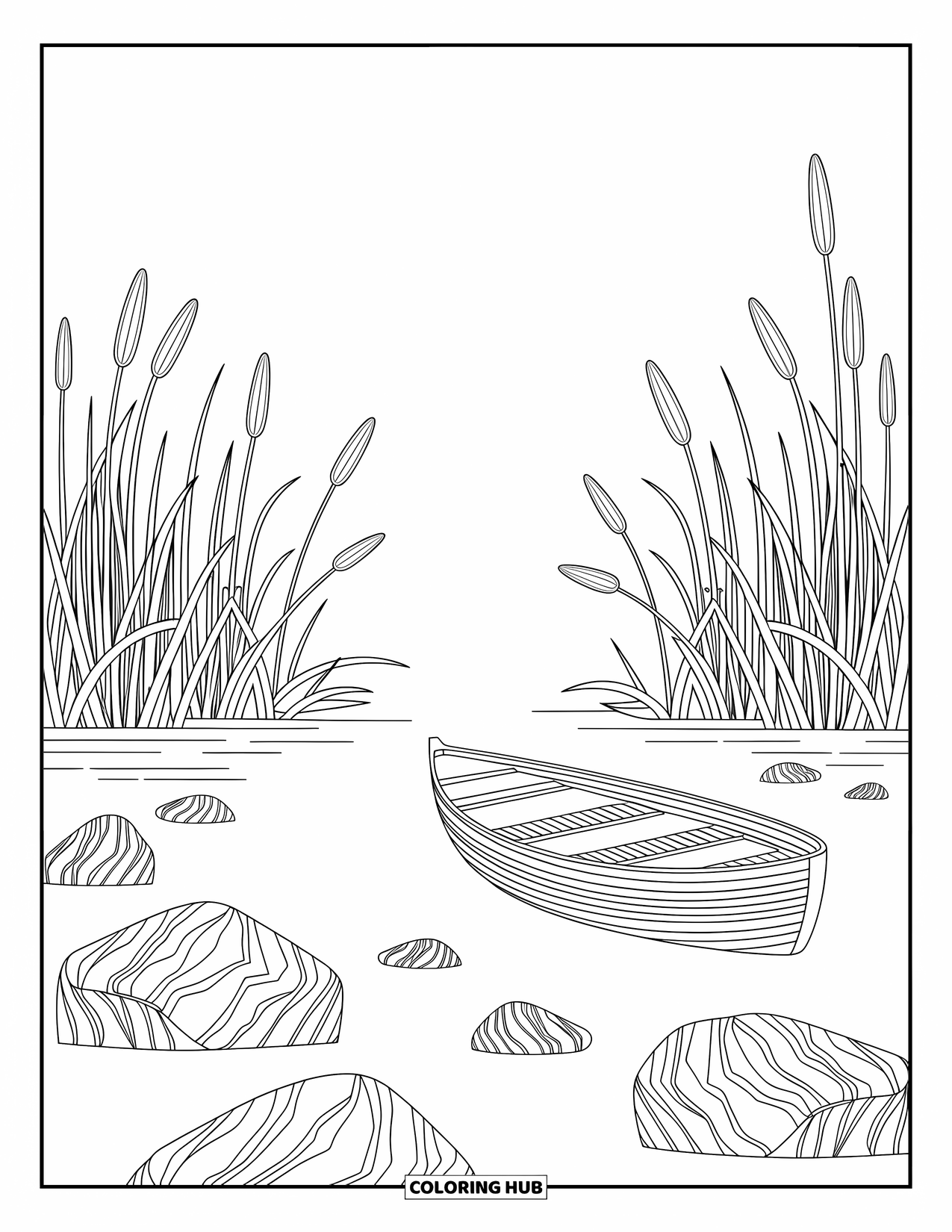 Kleurplaat Meer voor volwassenen: Een uitzicht op een meer in de schemering met ingewikkeld riet en een houten boot
