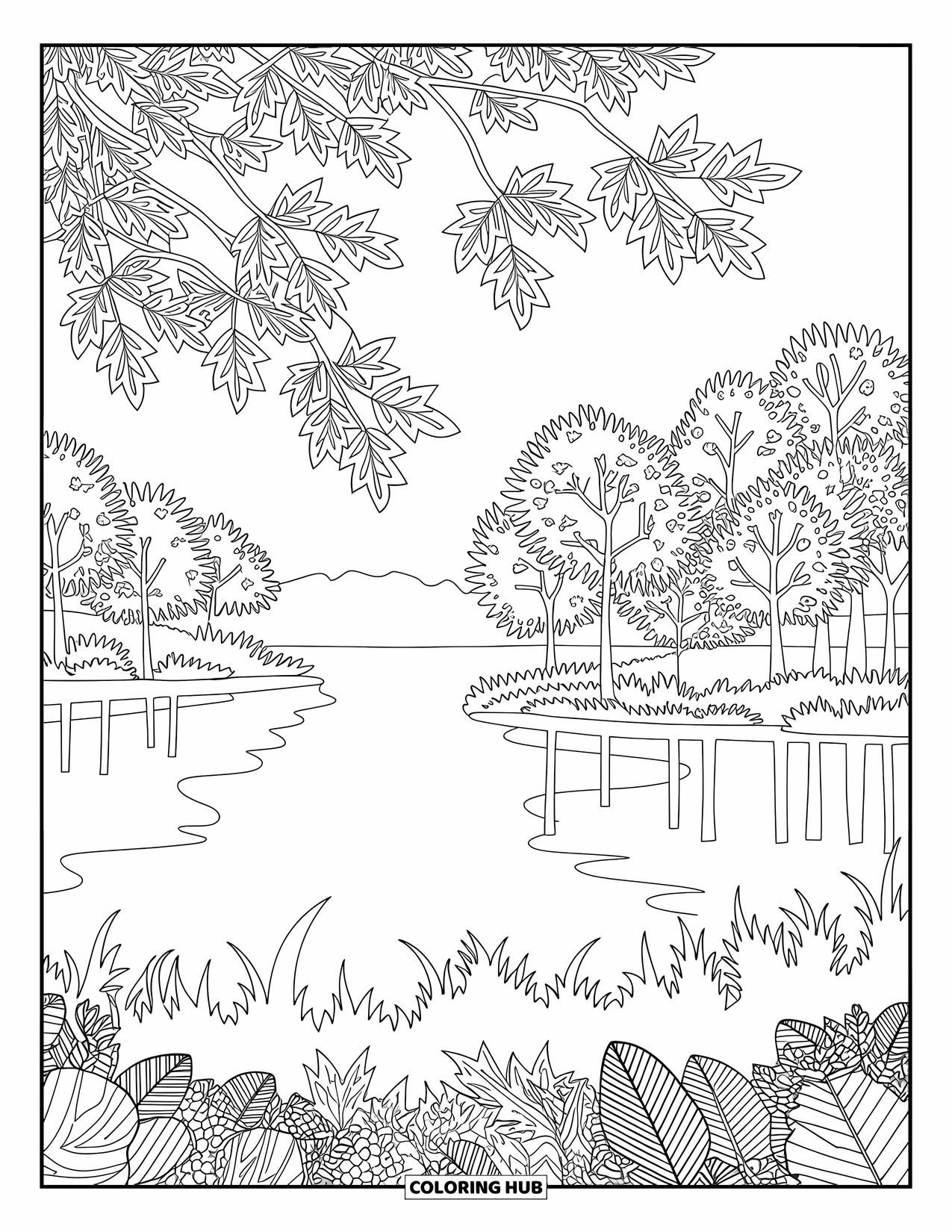 Kleurplaat Meer voor volwassenen: Een meer met herfstbomen, mistige reflecties en ingewikkelde randen