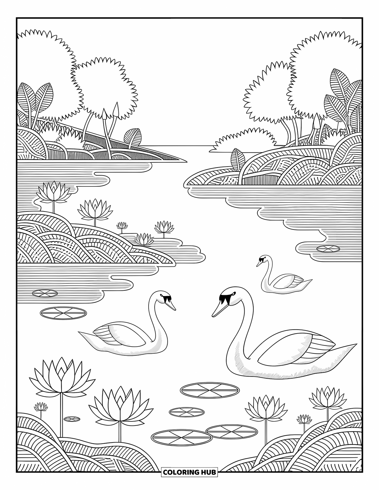 Kleurplaat Meer voor volwassenen: Een meer met lotusbloemen, waterlelies en zwanen die voorbij glijden