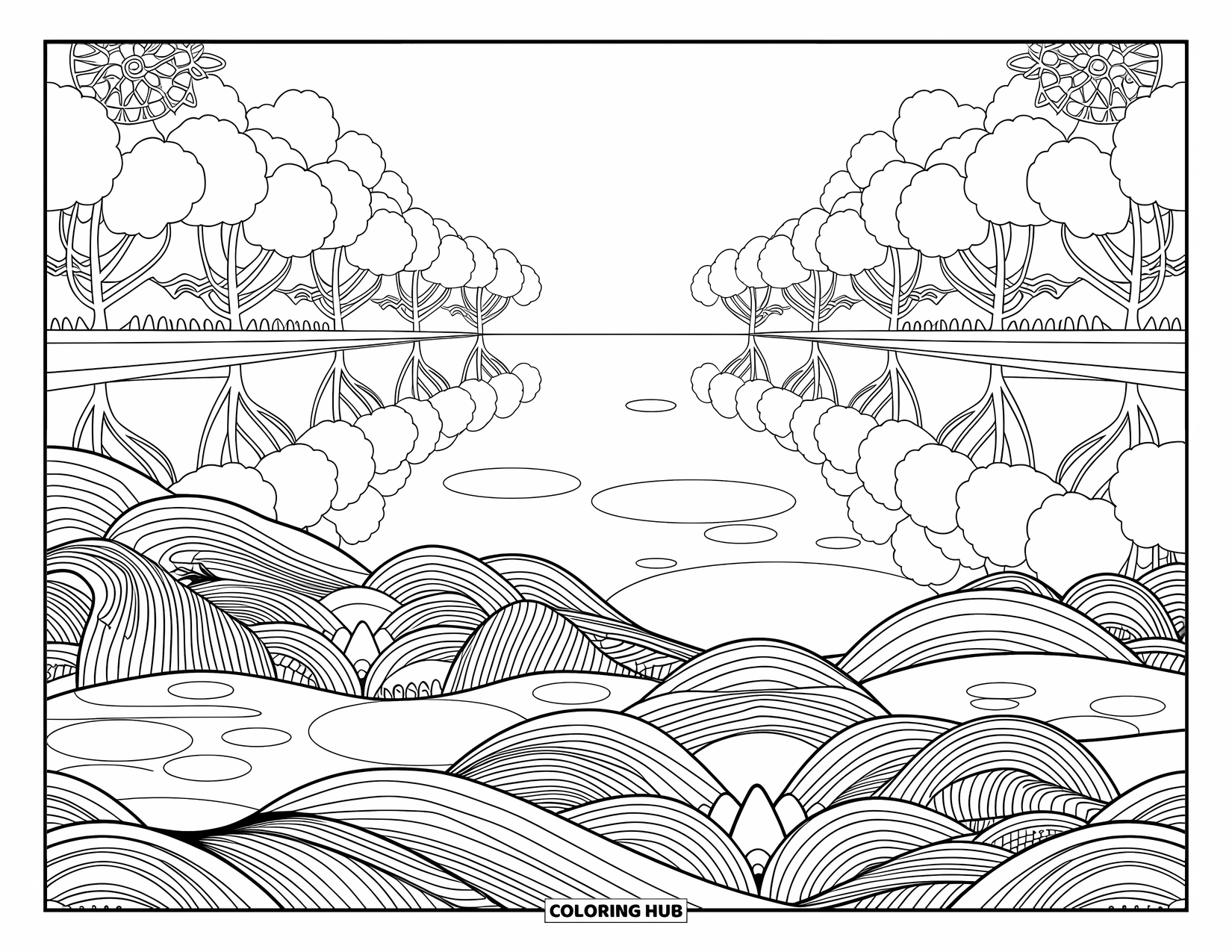 Kleurplaat Meer voor volwassenen: Een meer met mandala-golven, waterlelies en gespiegelde bomen