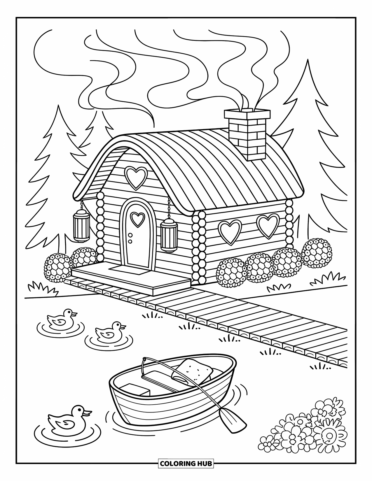 Kleurplaat Meer voor volwassenen: Een hut aan een meer met lantaarns, een steiger en eenden